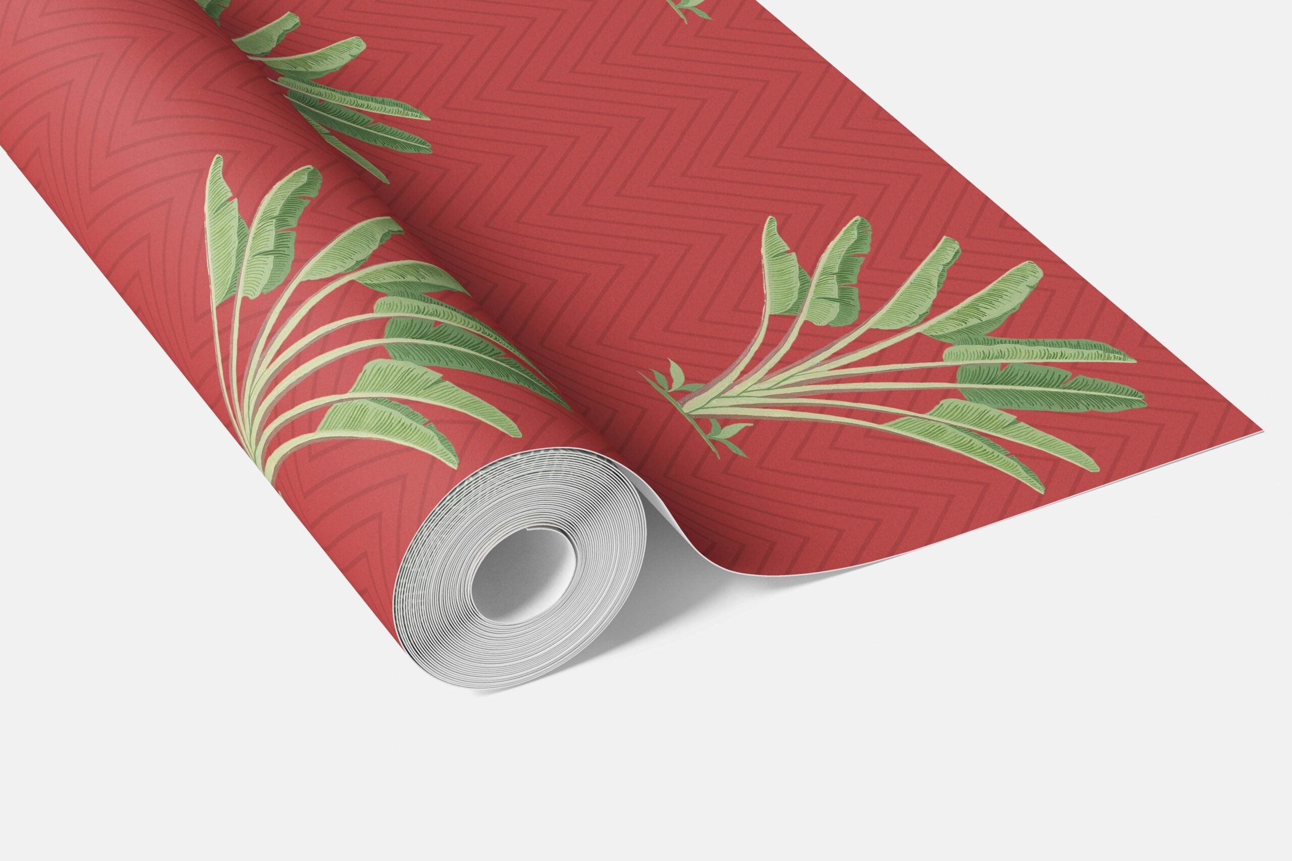 Botanical/ Floral Block Print Bathroom Wallpaper (Red-Orange/ Green)