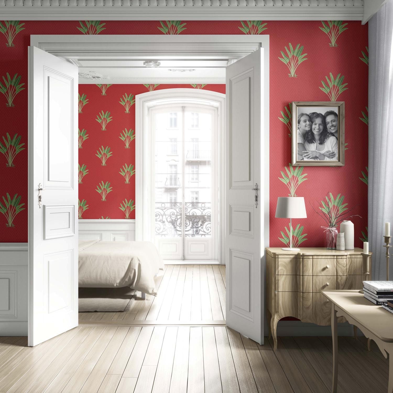 Botanical/ Floral Block Print Living Room Wallpaper (Red-Orange/ Green)