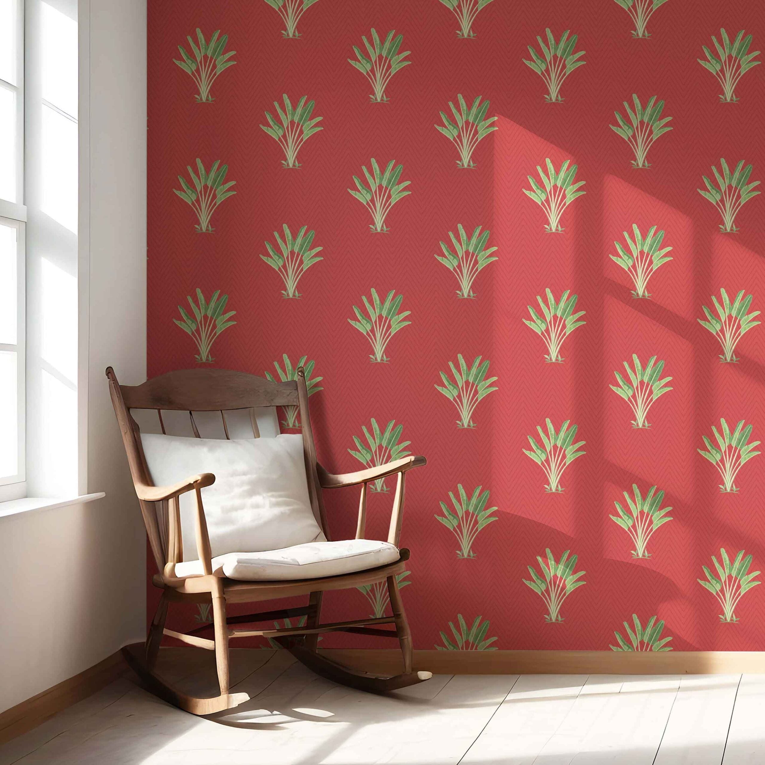 Botanical/ Floral Block Print Nursery Wallpaper (Red-Orange/ Green)