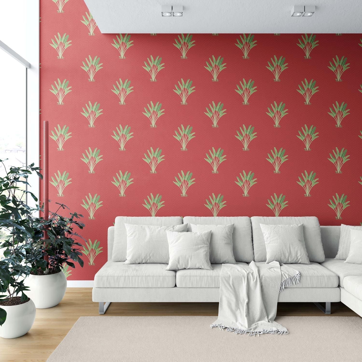 Botanical/ Floral Block Print Shower Toilet Wallpaper Sample (Red-Orange/ Green)
