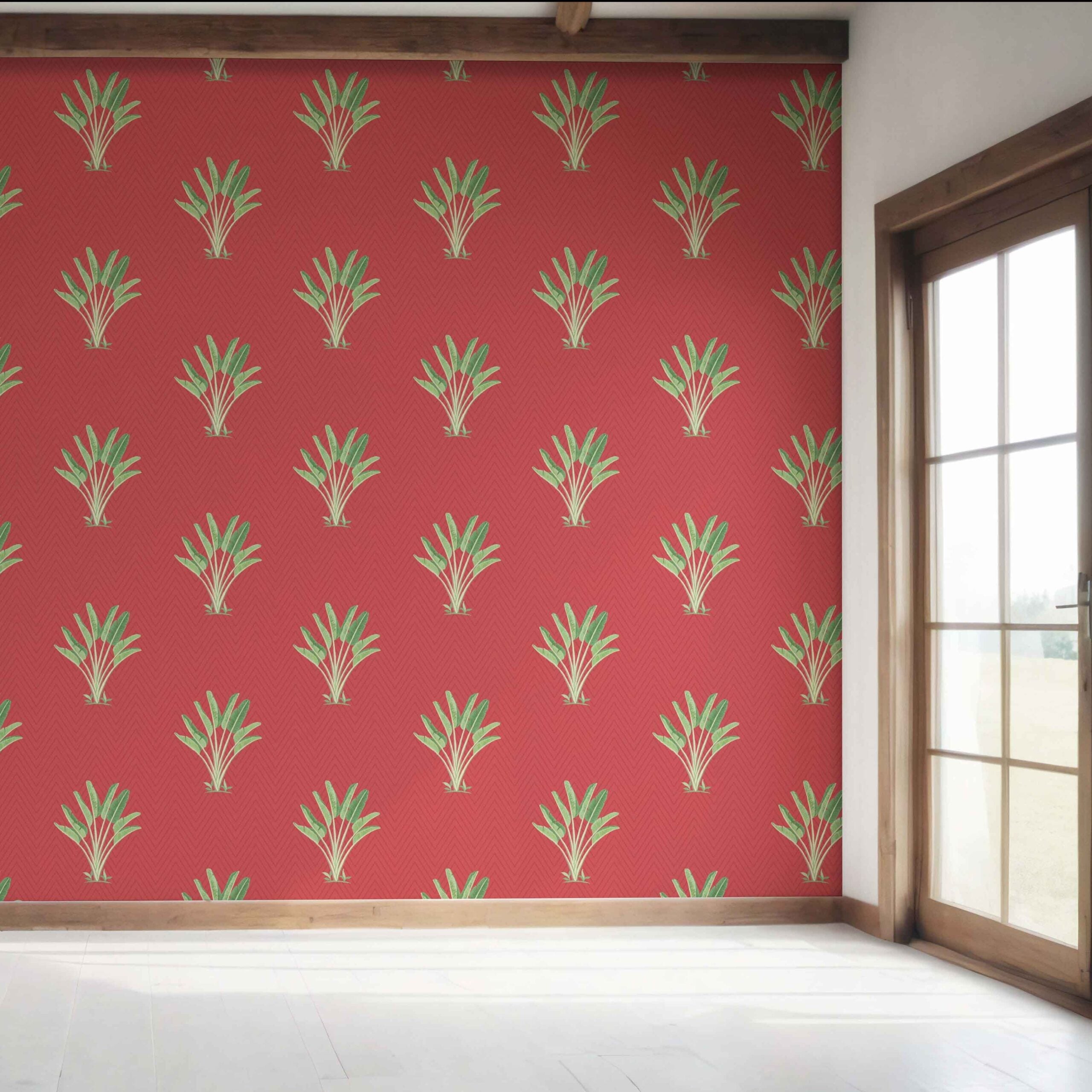 Botanical/ Floral Block Print Bedroom Wallpaper (Red-Orange/ Green)