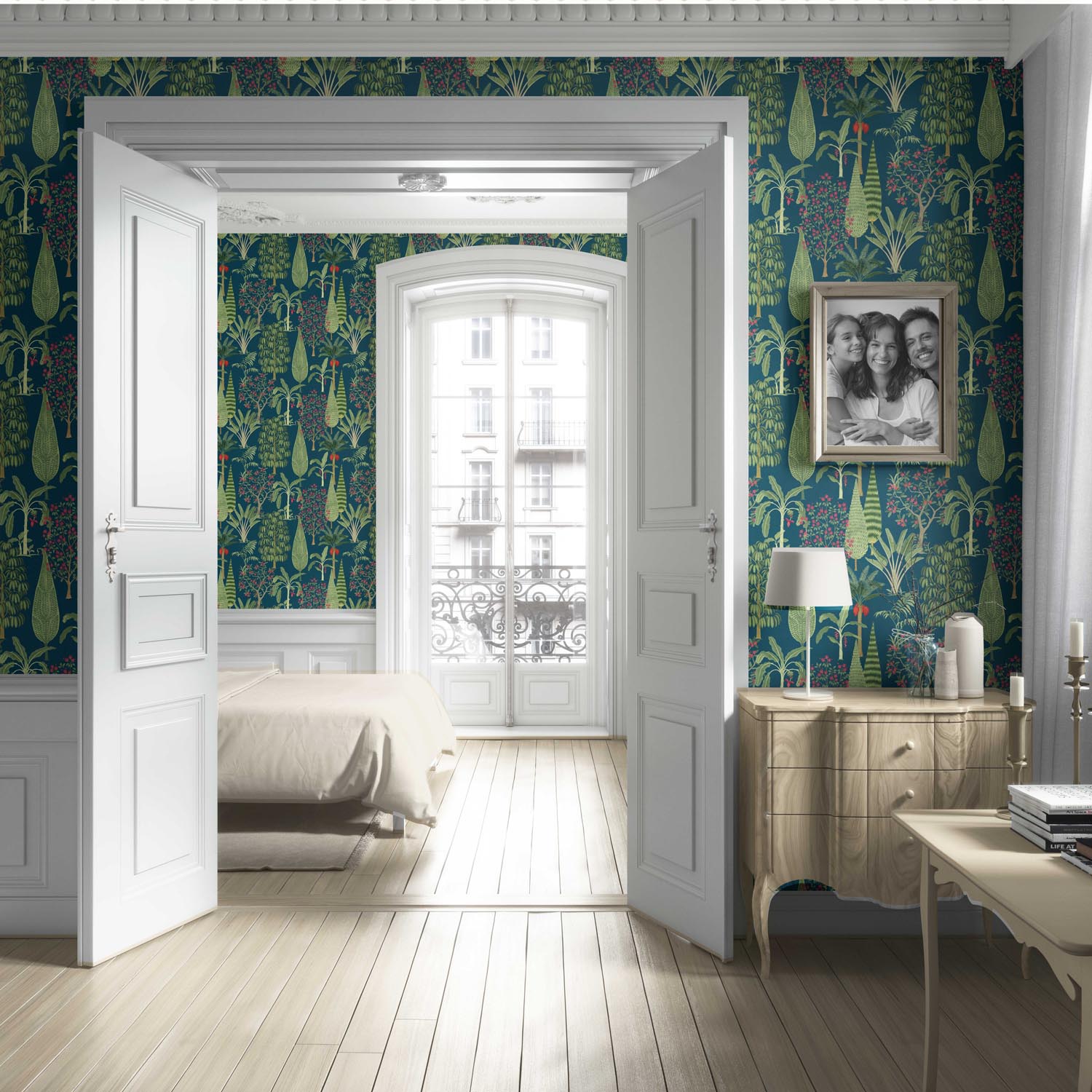 Tropical Floral/ Botanical Living Room Wallpaper (Teal Blue/ Green/ Pink)