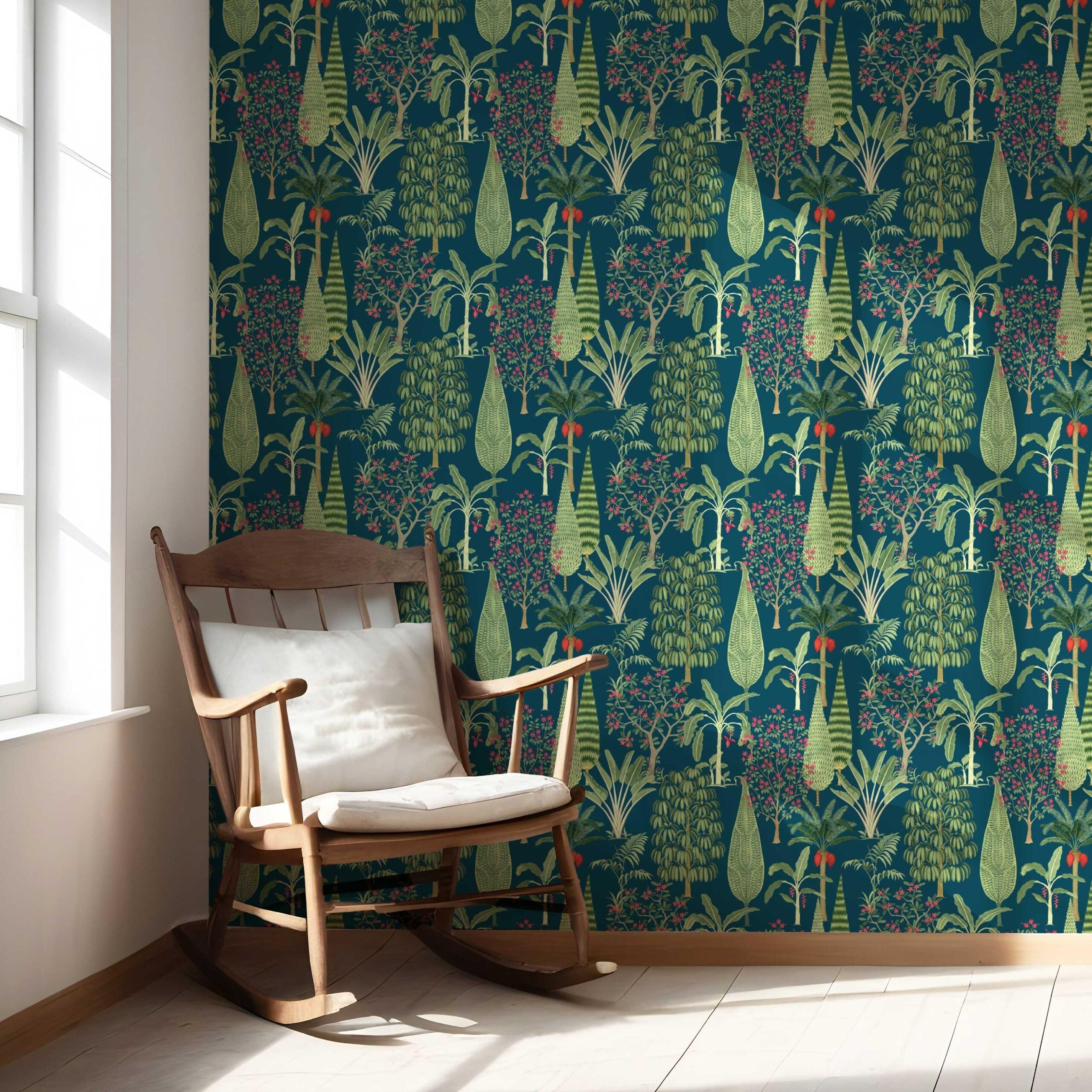 Tropical Floral/ Botanical Nursery Wallpaper (Teal Blue/ Green/ Pink)
