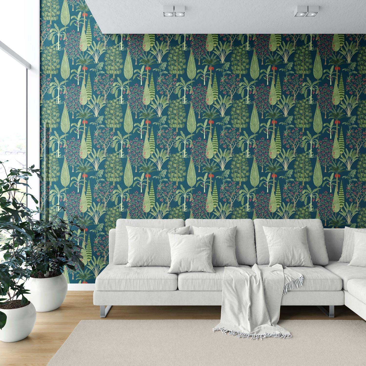Tropical Floral/ Botanical Shower Toilet Wallpaper (Teal Blue/ Green/ Pink)