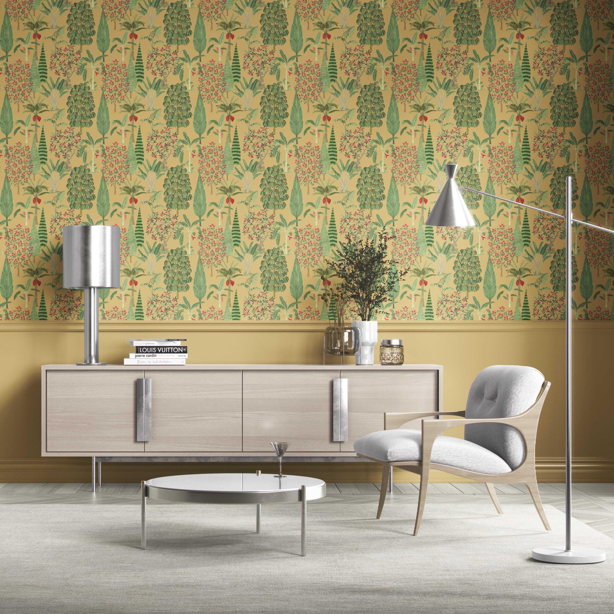 Tropical Floral/ Botanical Traditional Wallpaper Sample (Yellow/ Green/ Pink/ Red)