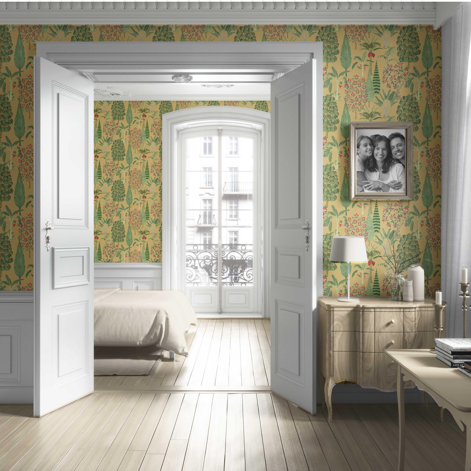 Tropical Floral/ Botanical Living Room Wallpaper Sample (Yellow/ Green/ Pink/ Red)