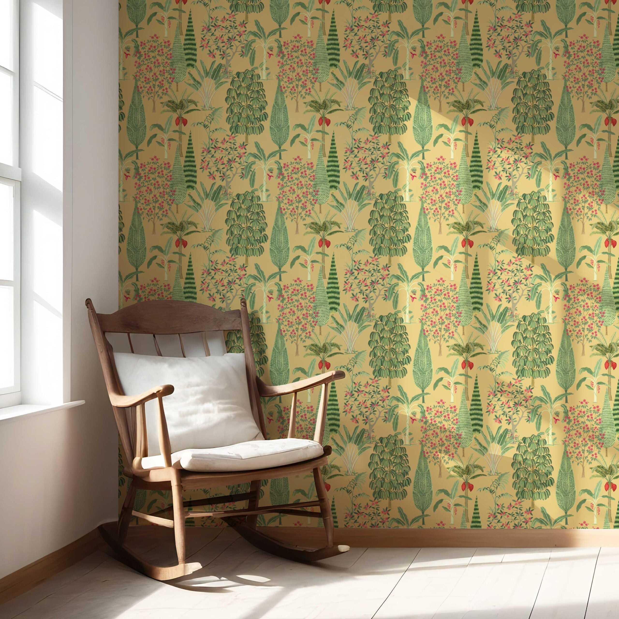 Tropical Floral/ Botanical Nursery Wallpaper Sample (Yellow/ Green/ Pink/ Red)