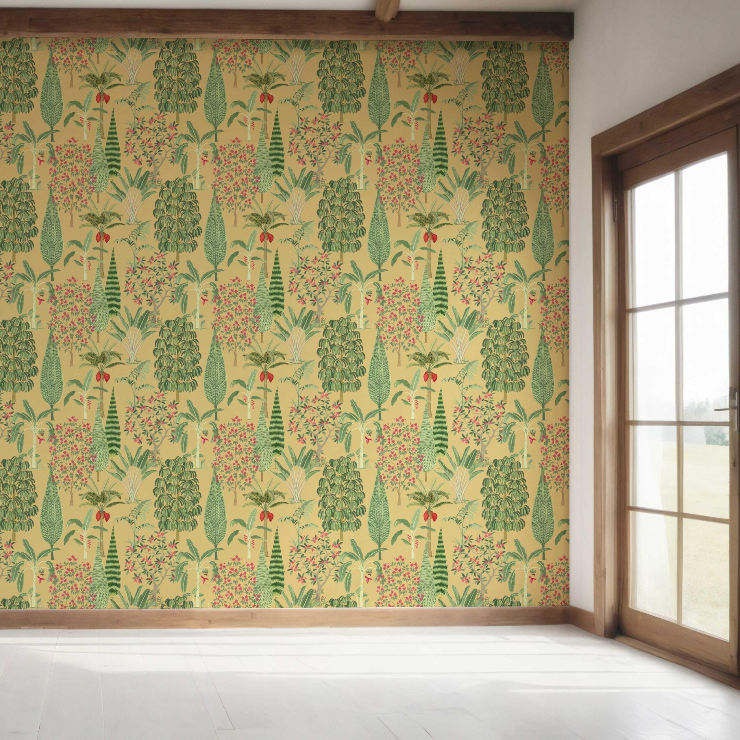 Tropical Floral/ Botanical Bedroom Wallpaper Sample (Yellow/ Green/ Pink/ Red)