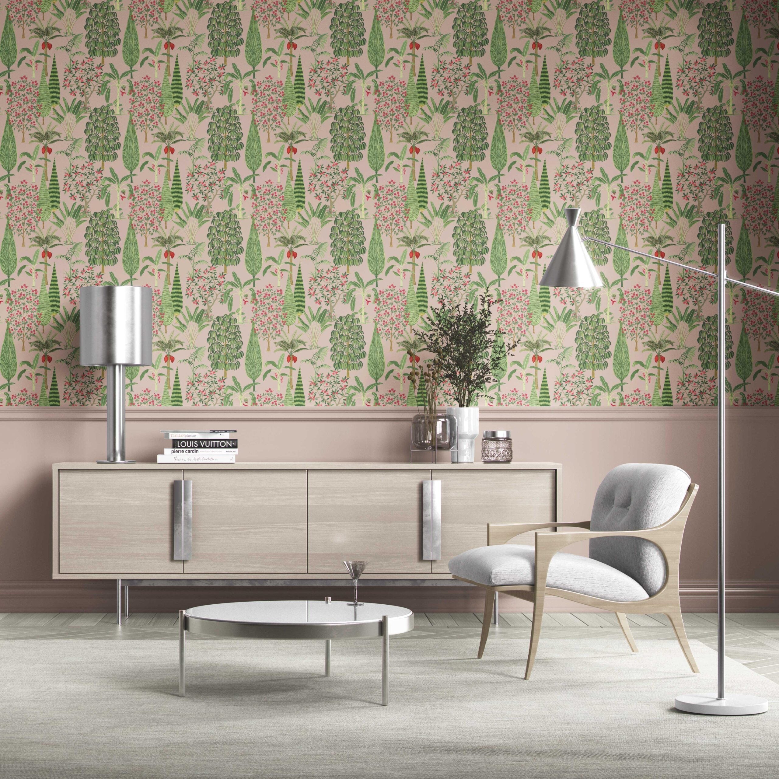 Tropical Floral/ Botanical Traditional Wallpaper (Pink/ Green/ Red)