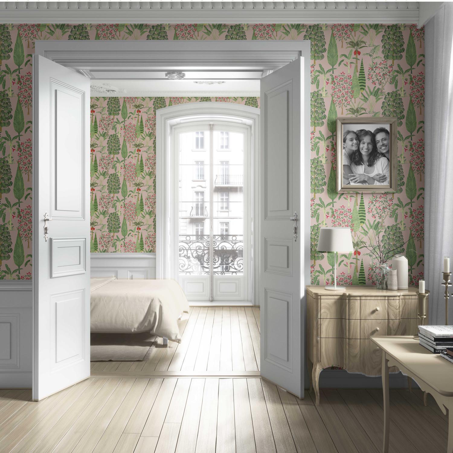 Tropical Floral/ Botanical Living Room Wallpaper (Pink/ Green/ Red)