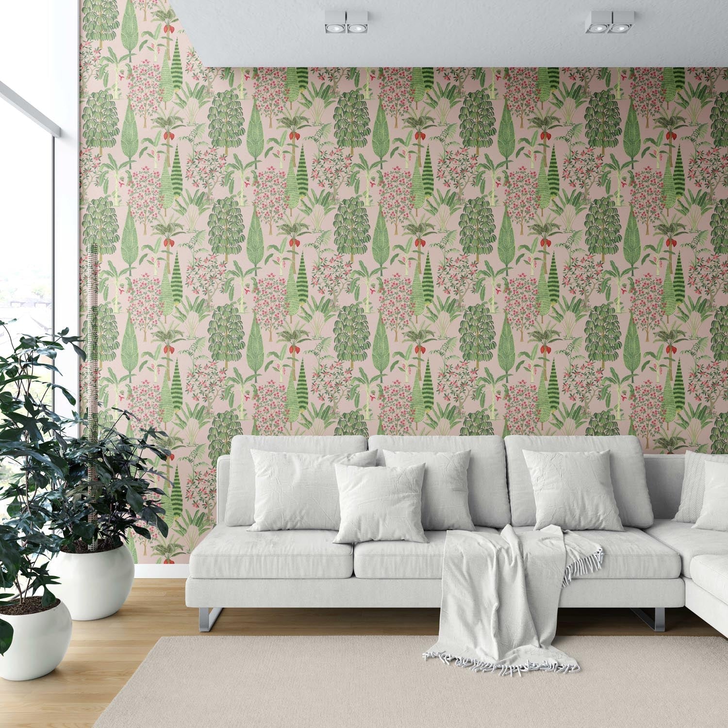 Tropical Floral/ Botanical Shower Toilet Wallpaper Sample (Pink/ Green/ Red)
