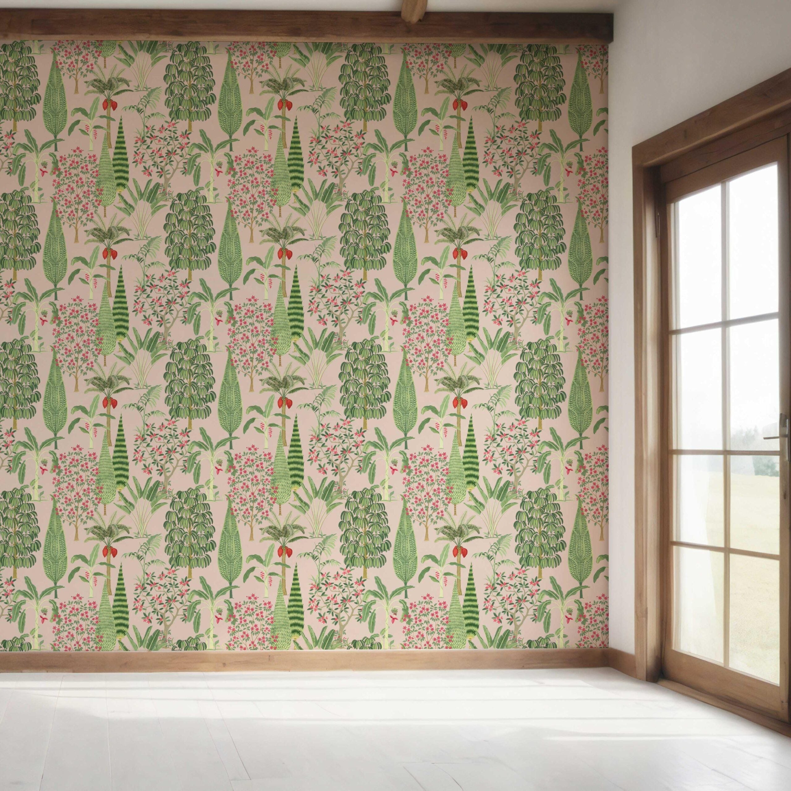 Tropical Floral/ Botanical Bedroom Wallpaper (Pink/ Green/ Red)