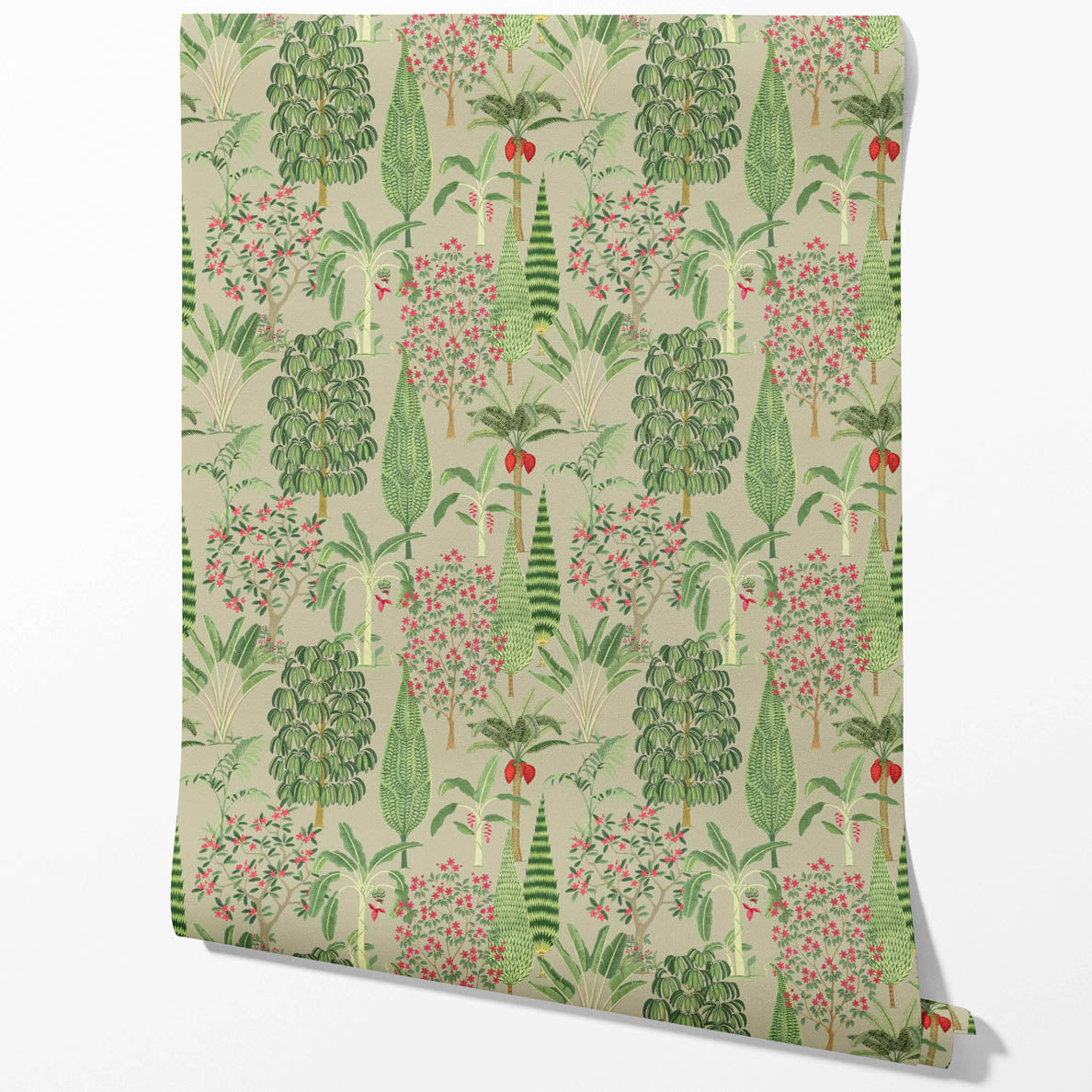 Tropical Floral/ Botanical Kitchen Wallpaper (Green/ Pink/ Red)