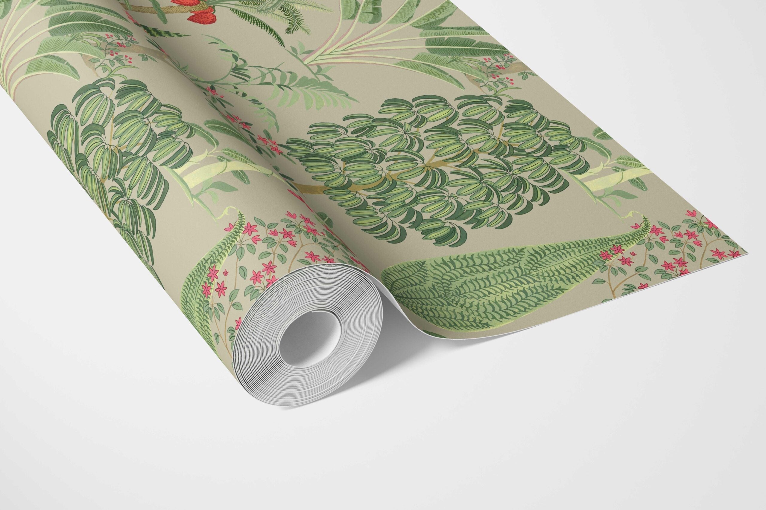 Tropical Floral/ Botanical Bathroom Wallpaper (Green/ Pink/ Red)