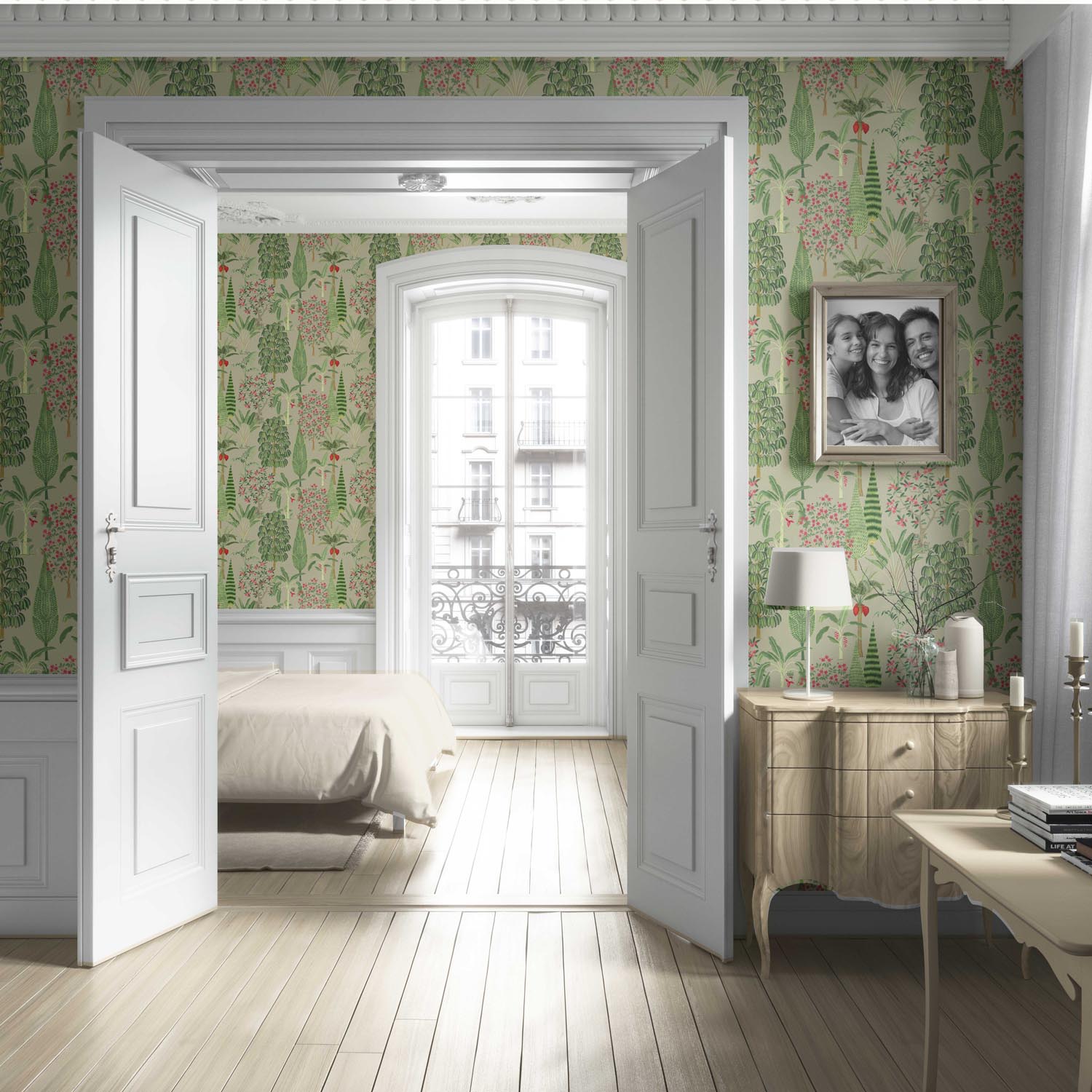 Tropical Floral/ Botanical Living Room Wallpaper (Green/ Pink/ Red)