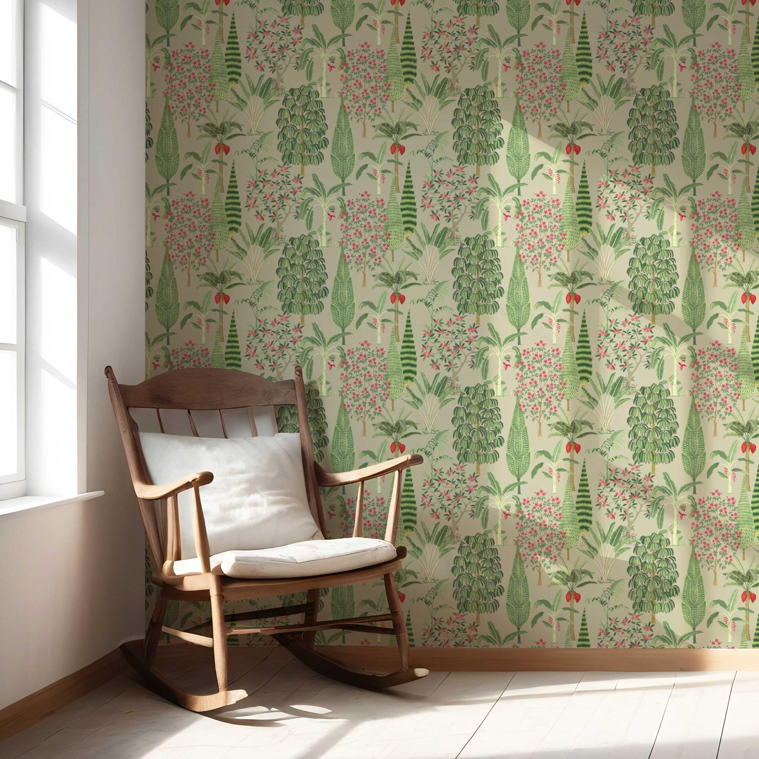 Tropical Floral/ Botanical Nursery Wallpaper (Green/ Pink/ Red)