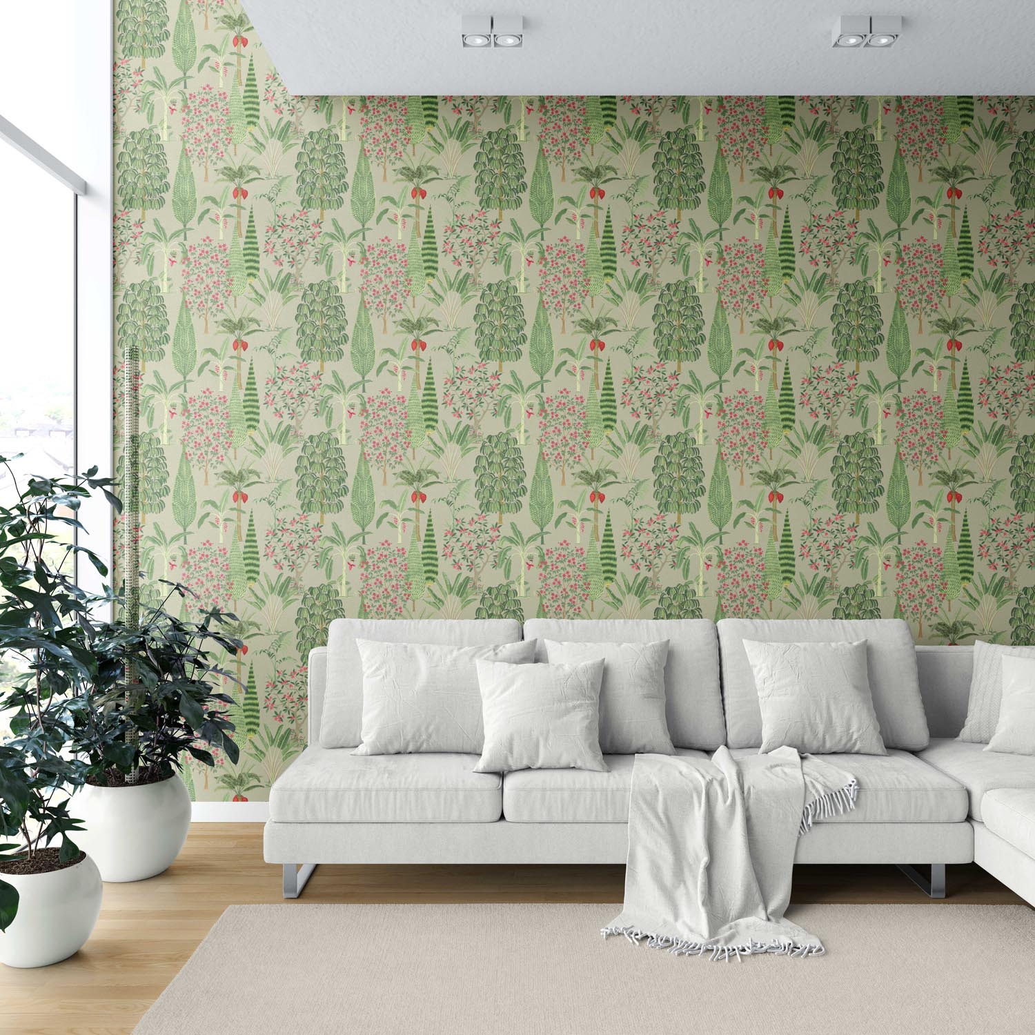 Tropical Floral/ Botanical Shower Toilet Wallpaper (Green/ Pink/ Red)