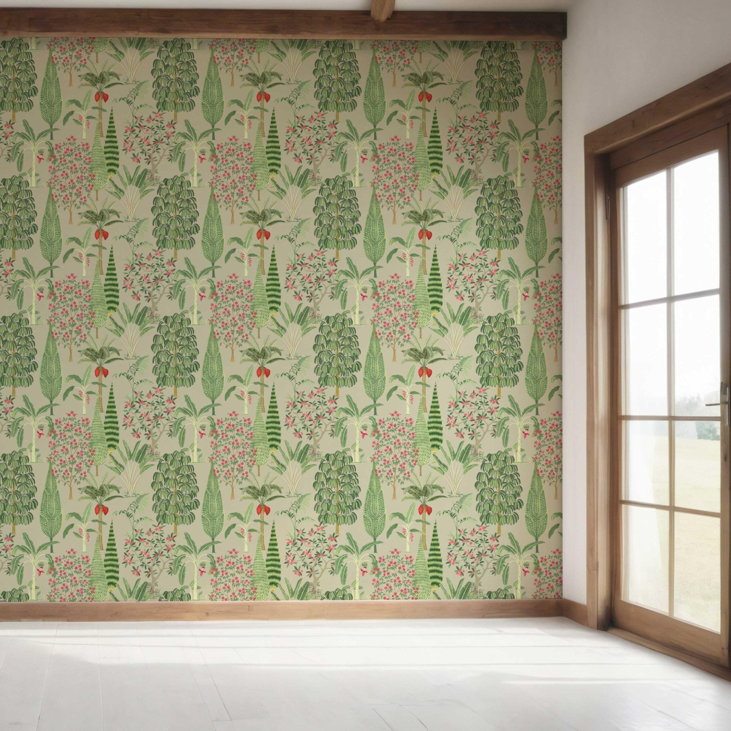 Tropical Floral/ Botanical Bedroom Wallpaper (Green/ Pink/ Red)