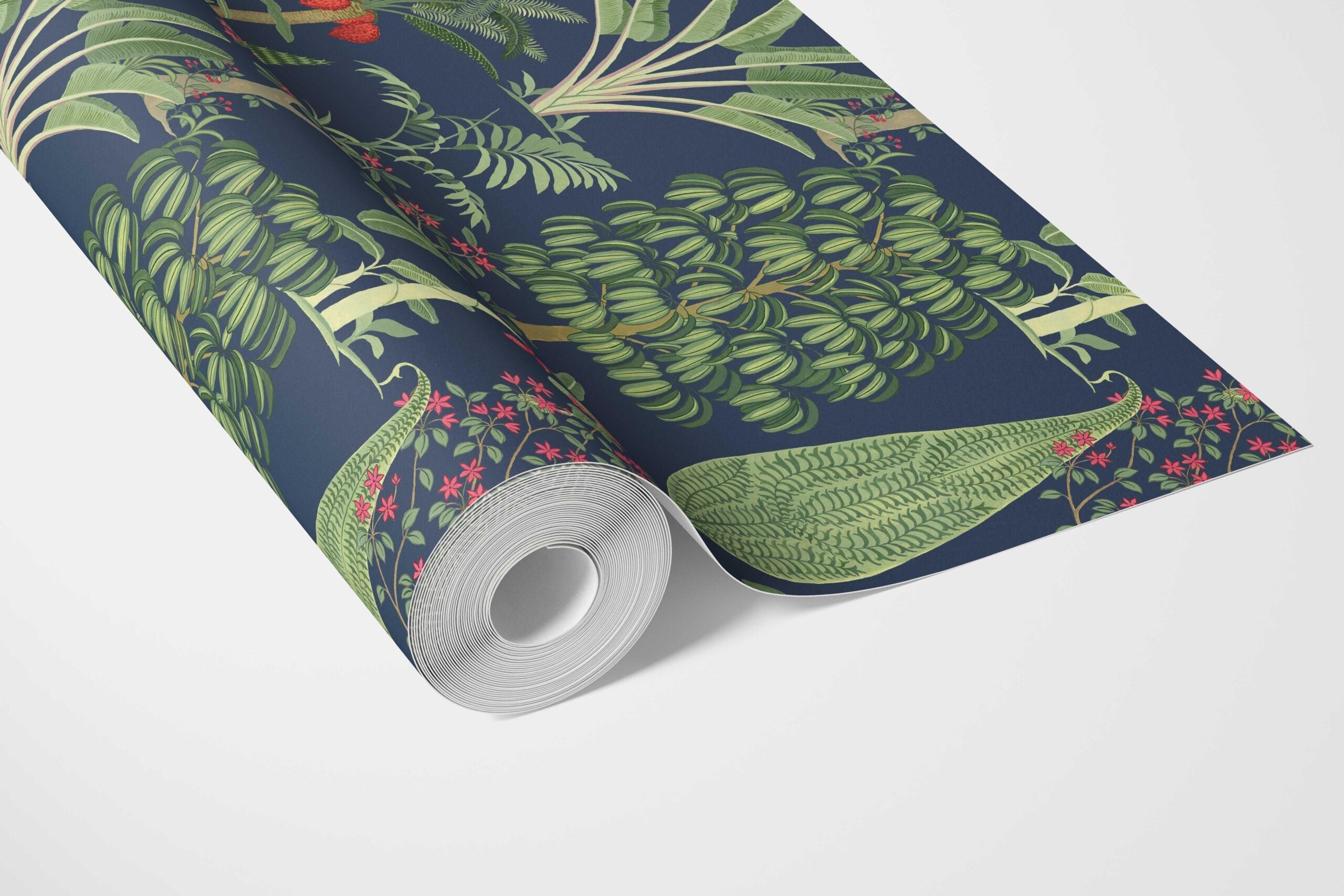 Tropical Floral/ Botanical Bathroom Wallpaper Sample (Navy Blue/ Green/ Pink/ Red)