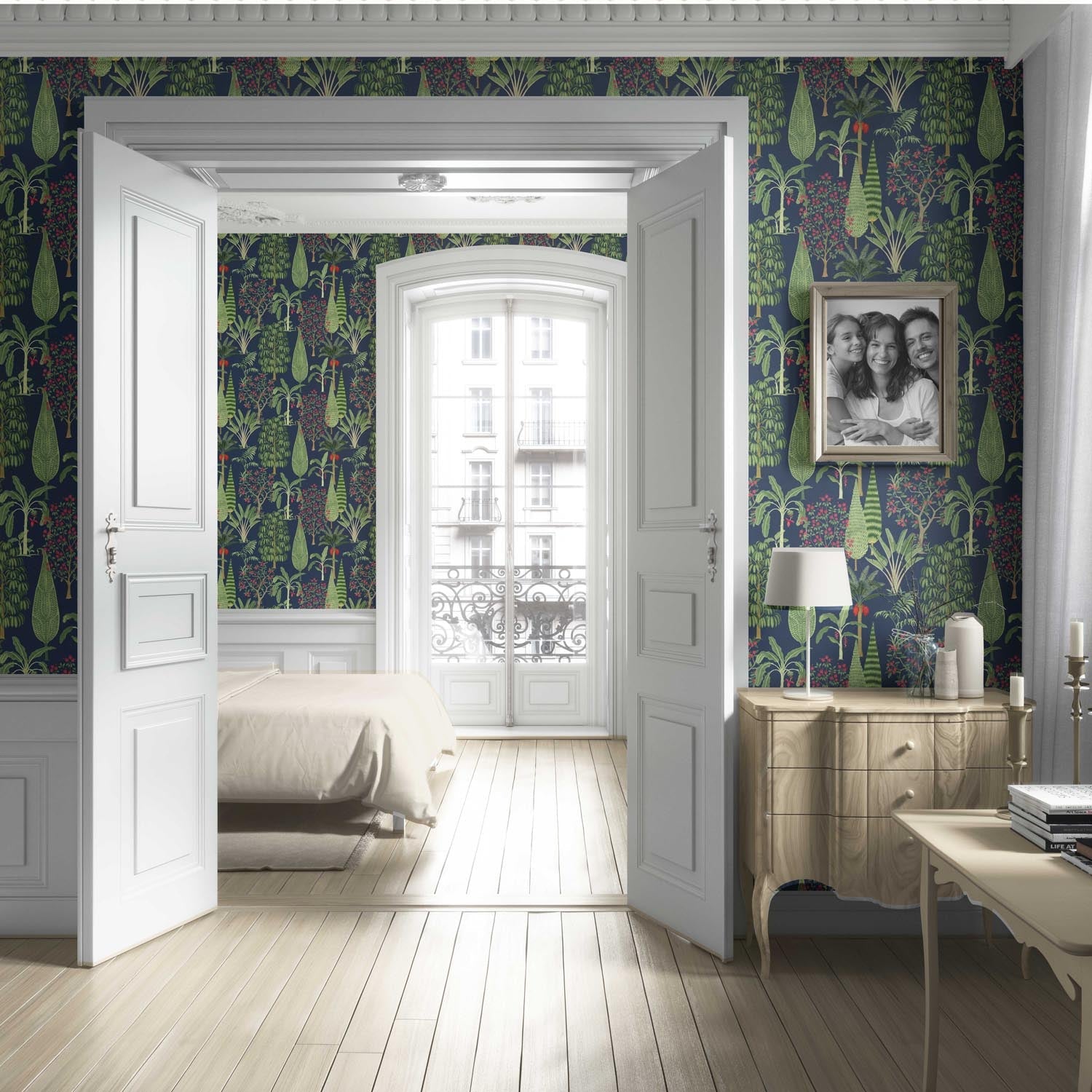 Tropical Floral/ Botanical Living Room Wallpaper Sample (Navy Blue/ Green/ Pink/ Red)