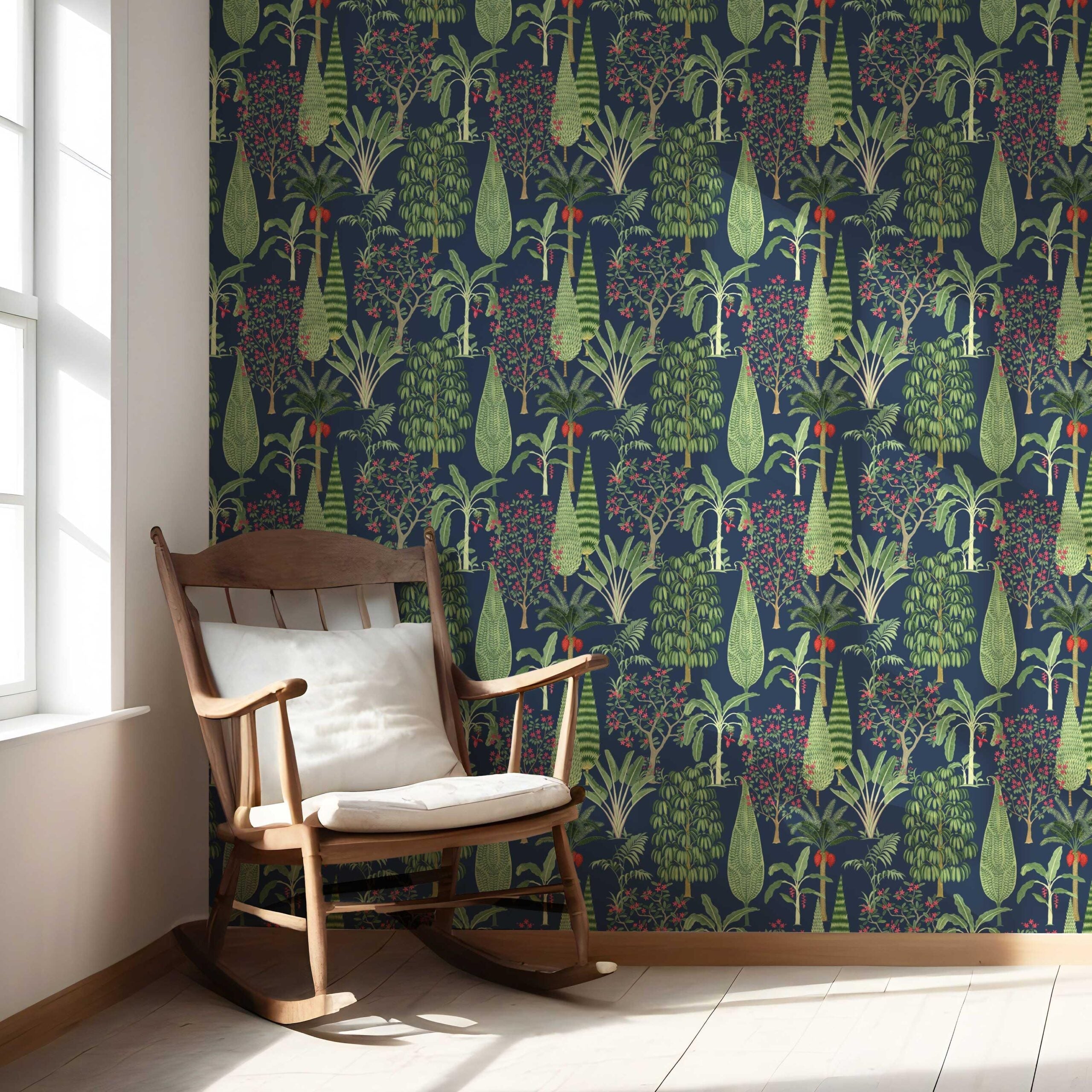 Tropical Floral/ Botanical Nursery Wallpaper Sample (Navy Blue/ Green/ Pink/ Red)