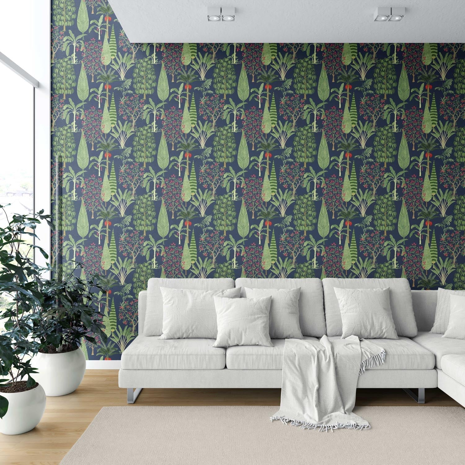 Tropical Floral/ Botanical Shower Toilet Wallpaper Sample (Navy Blue/ Green/ Pink/ Red)