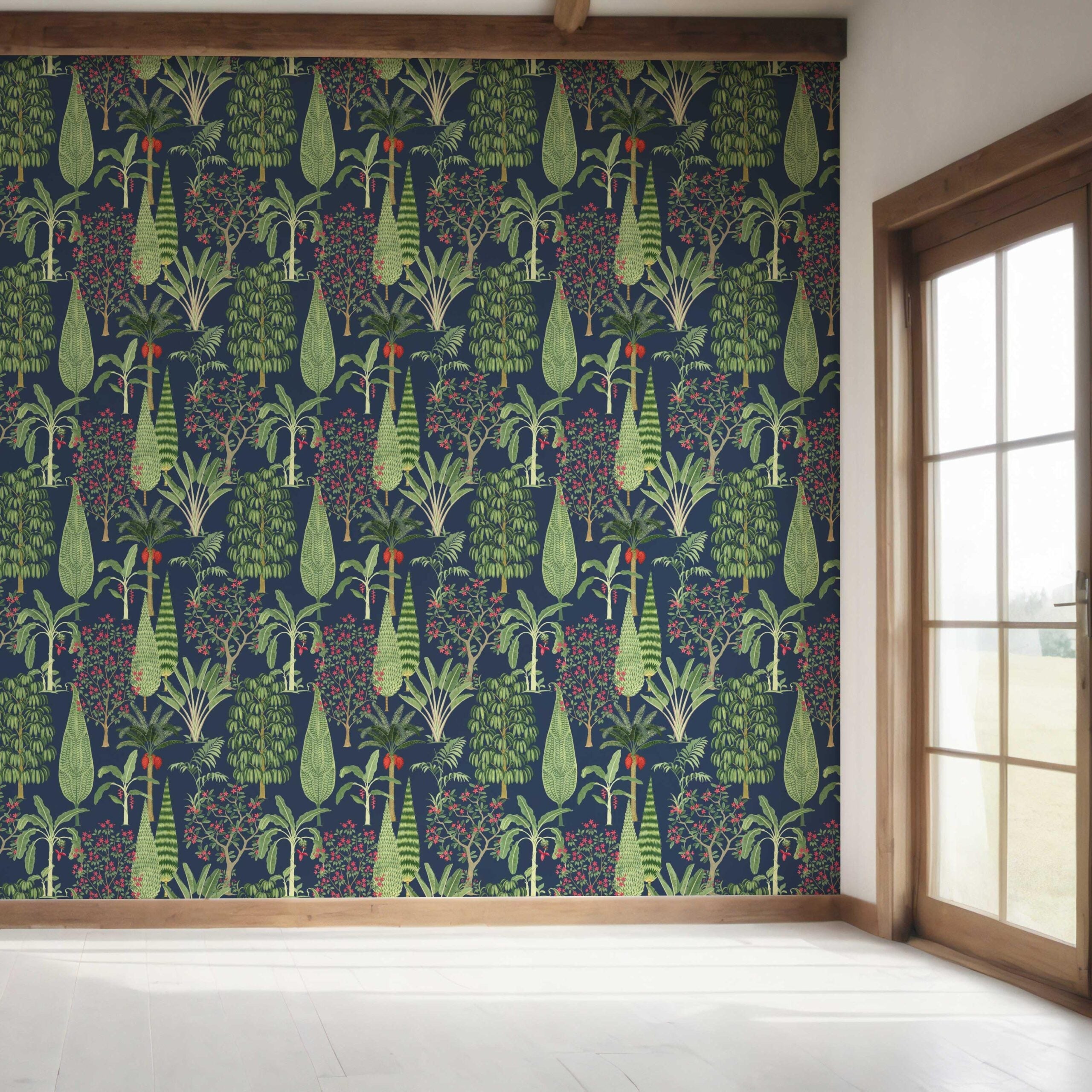 Tropical Floral/ Botanical Bedroom Wallpaper Sample (Navy Blue/ Green/ Pink/ Red)