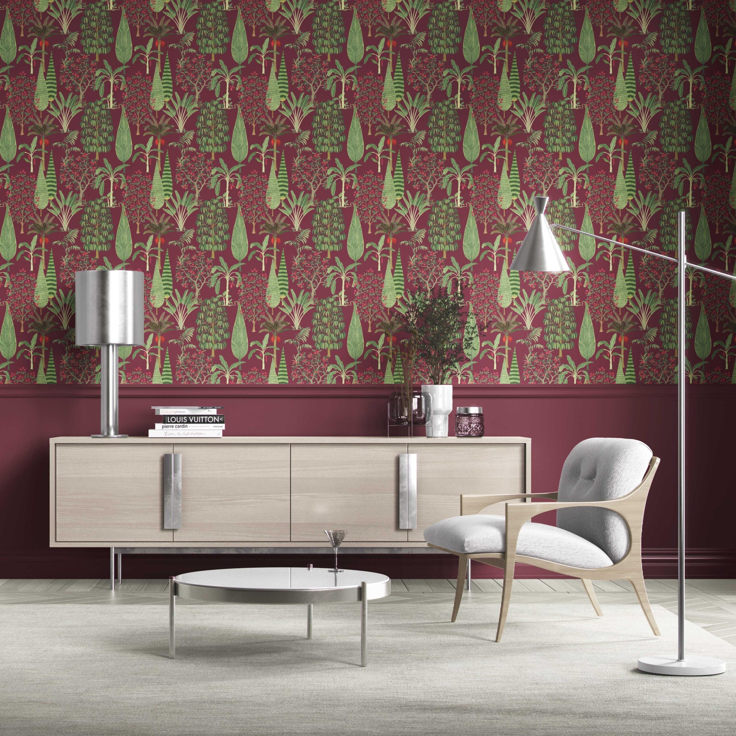 Tropical Floral/ Botanical Traditional Wallpaper (Burgundy Red/ Green/ Pink)