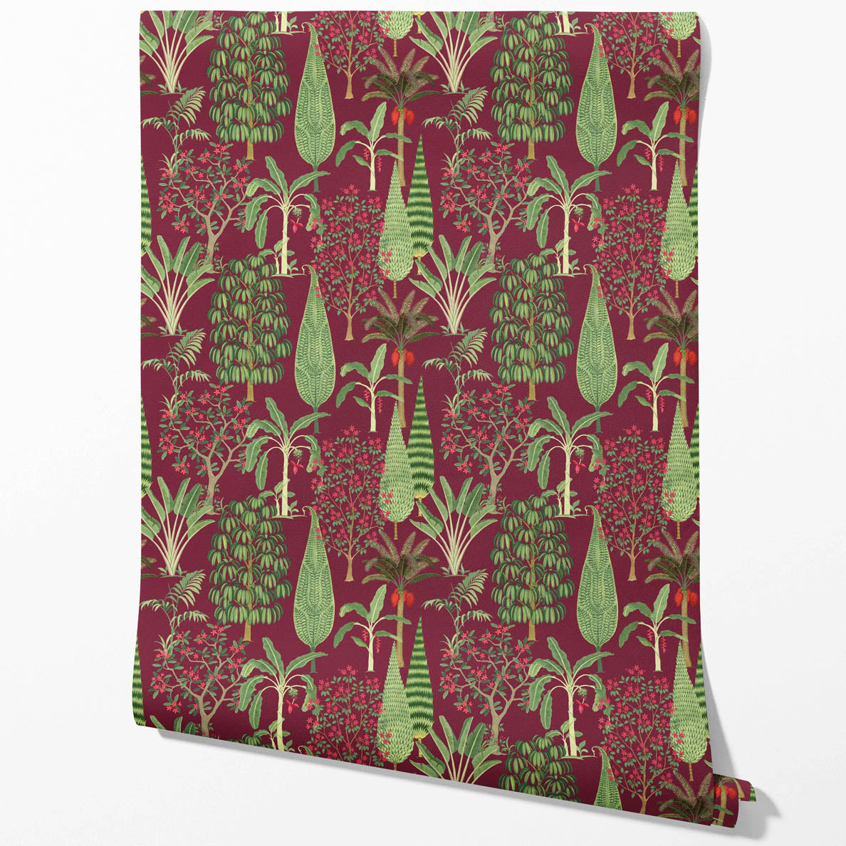 Tropical Floral/ Botanical Kitchen Wallpaper (Burgundy Red/ Green/ Pink)