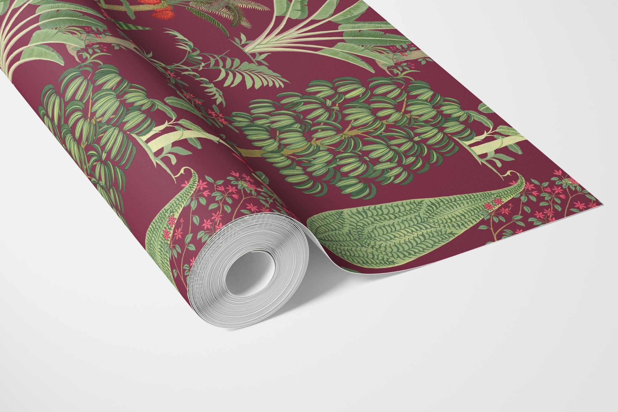 Tropical Floral/ Botanical Bathroom Wallpaper (Burgundy Red/ Green/ Pink)