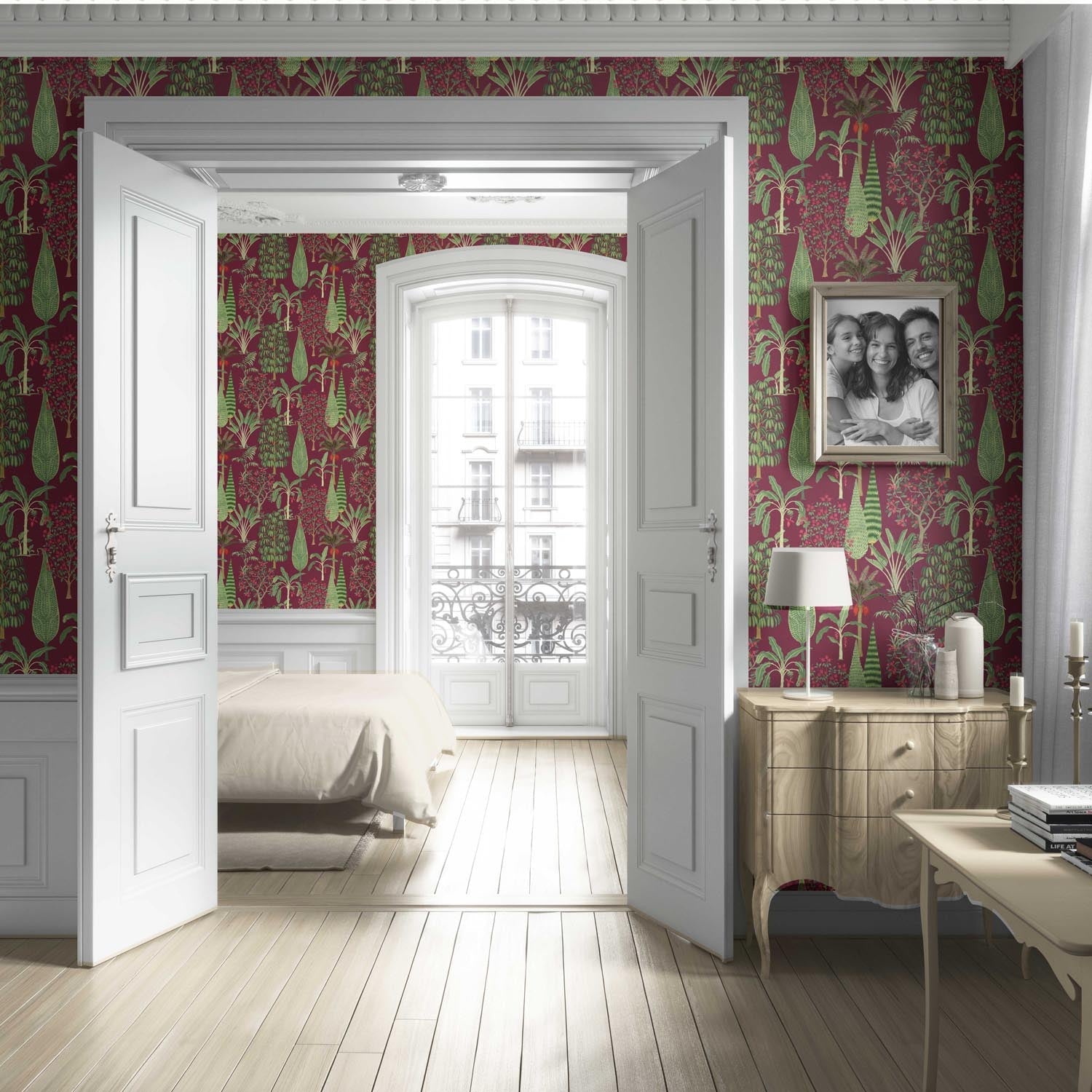 Tropical Floral/ Botanical Living Room Wallpaper (Burgundy Red/ Green/ Pink)