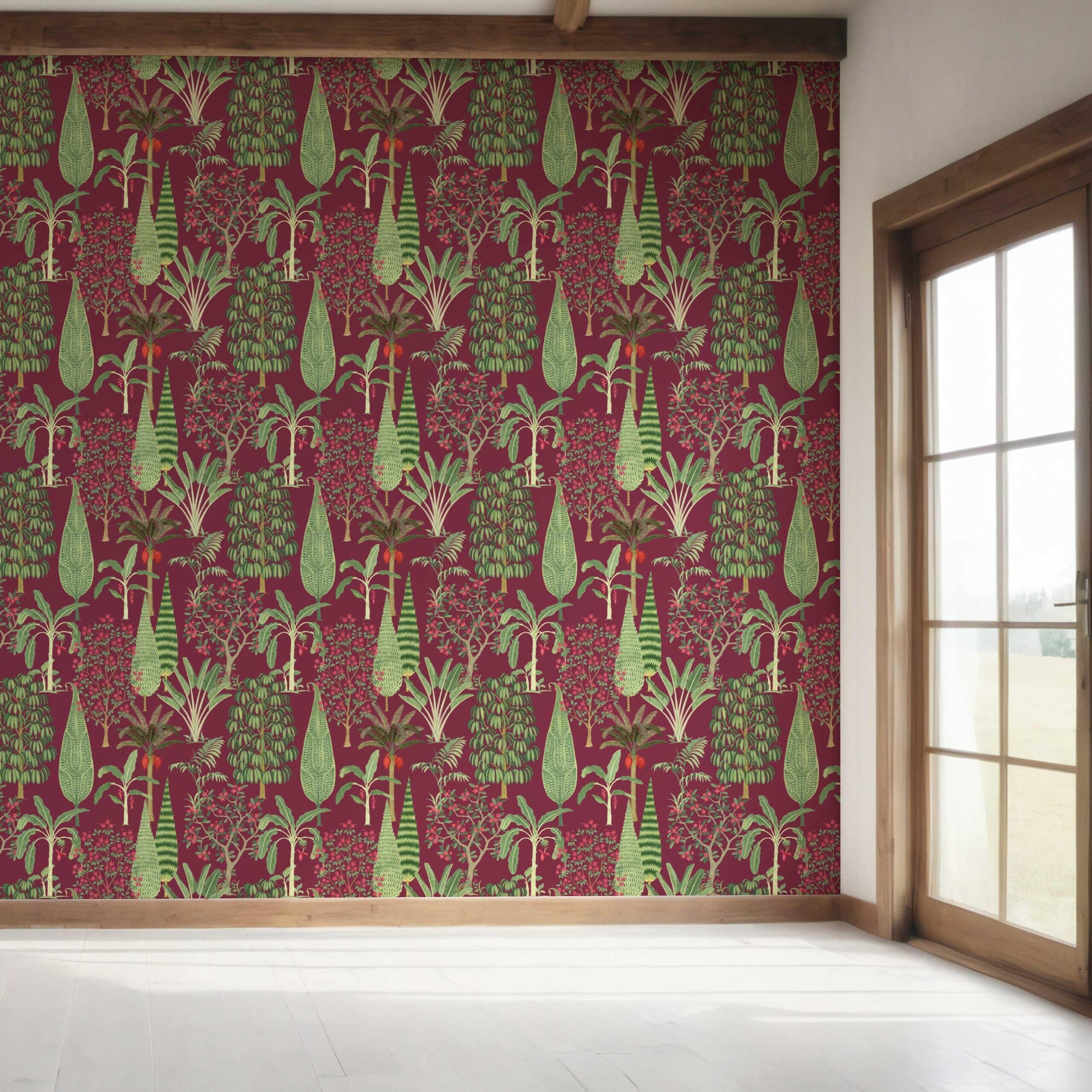 Tropical Floral/ Botanical Shower Toilet Wallpaper (Burgundy Red/ Green/ Pink)