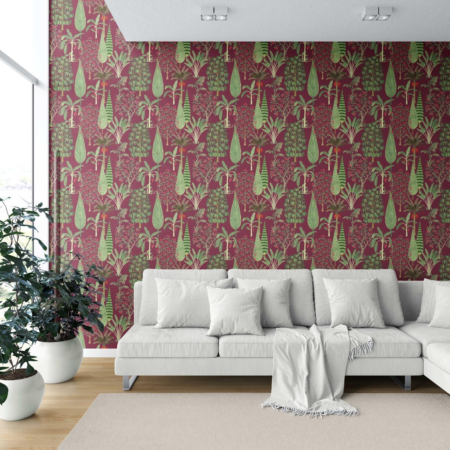 Tropical Floral/ Botanical Bedroom Wallpaper (Burgundy Red/ Green/ Pink)