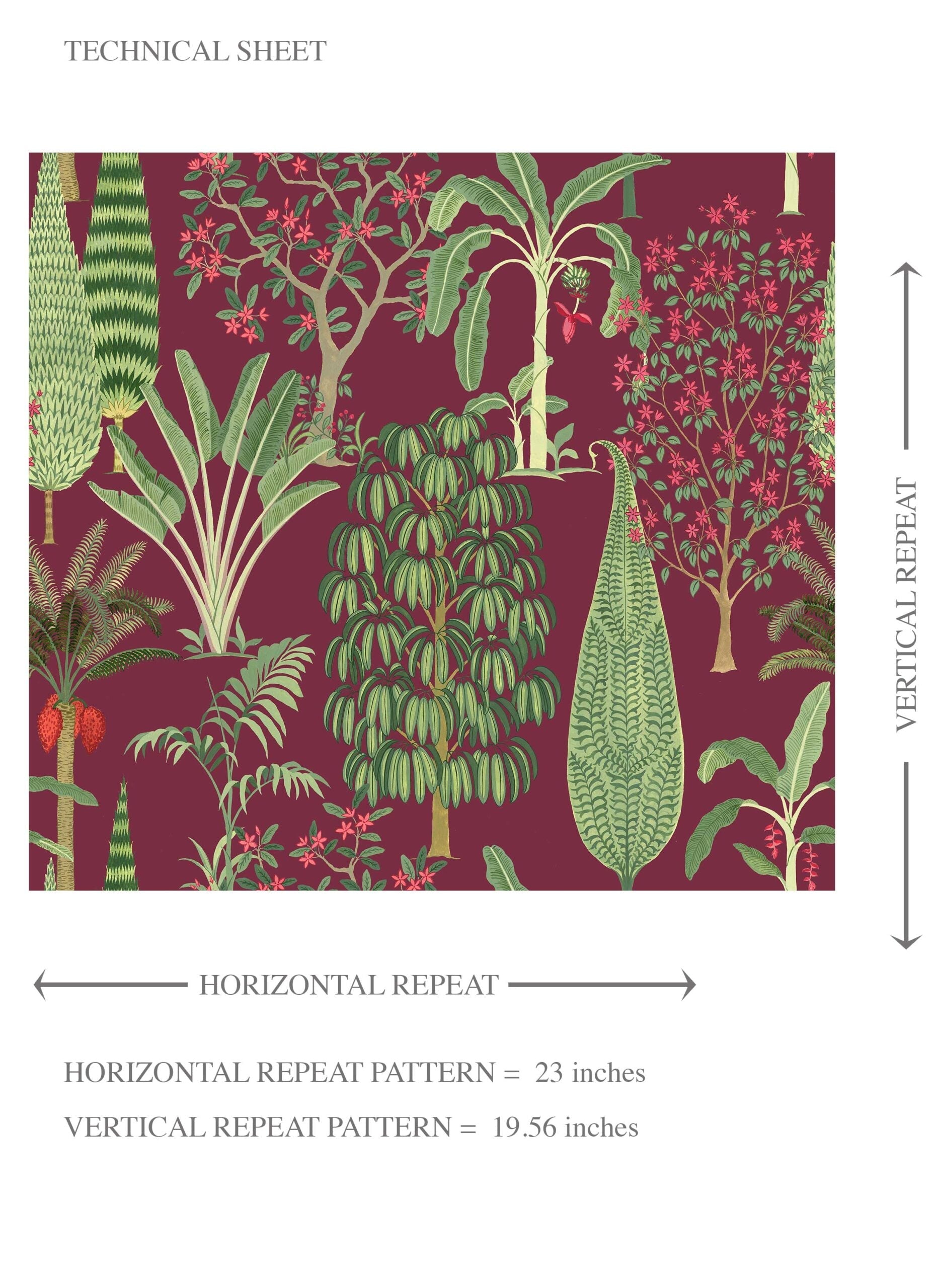 Tropical Floral/ Botanical Kids Room Wallpaper (Burgundy Red/ Green/ Pink)