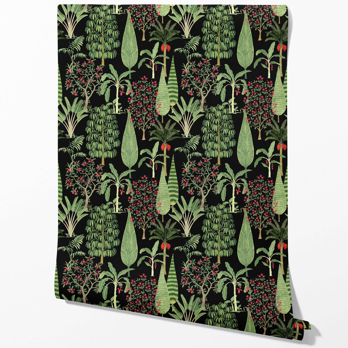 Tropical Floral/ Botanical Kitchen Wallpaper (Black/ Green/ Pink/ Red)