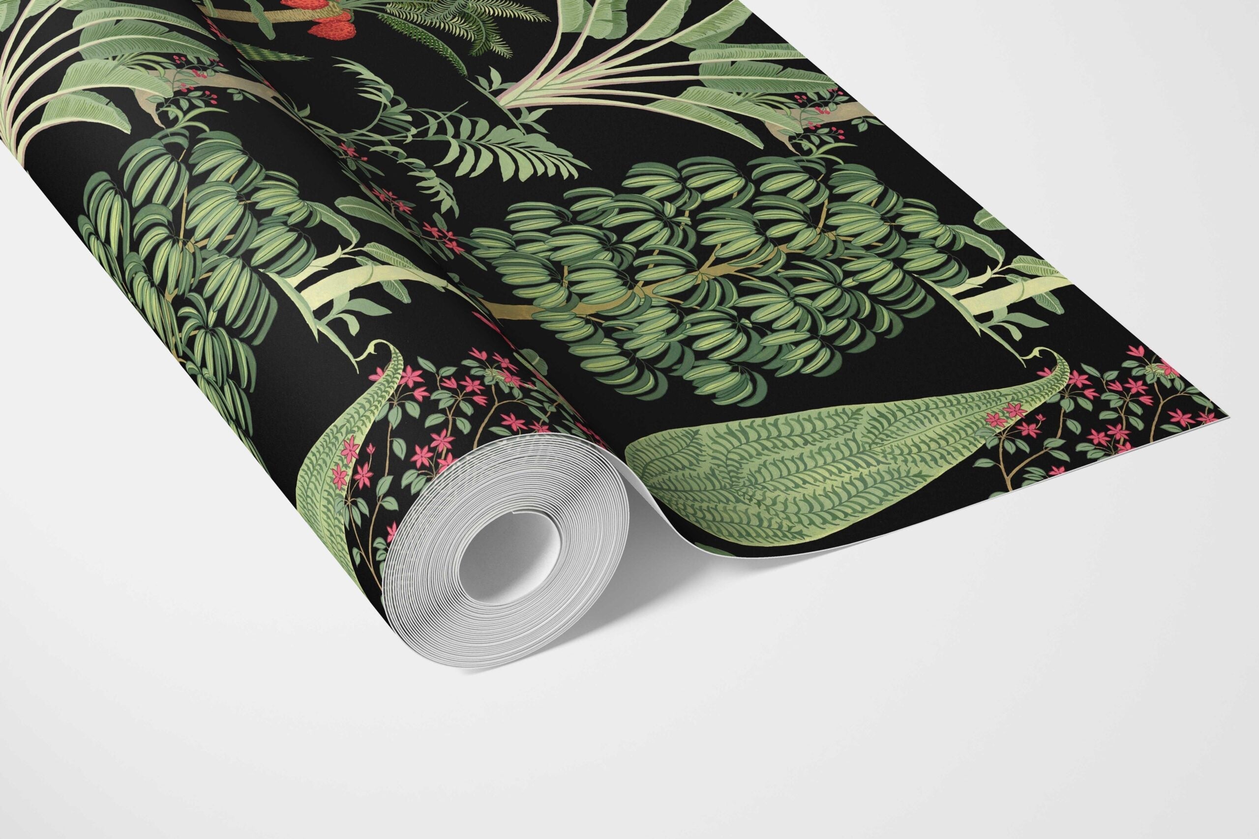 Tropical Floral/ Botanical Bathroom Wallpaper (Black/ Green/ Pink/ Red)