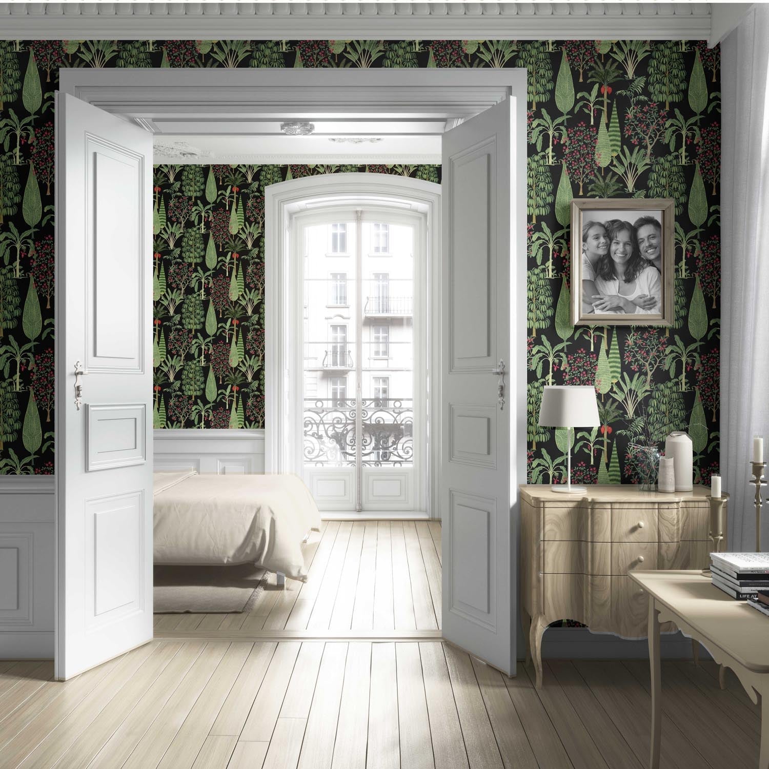 Tropical Floral/ Botanical Living Room Wallpaper Sample (Black/ Green/ Pink/ Red)