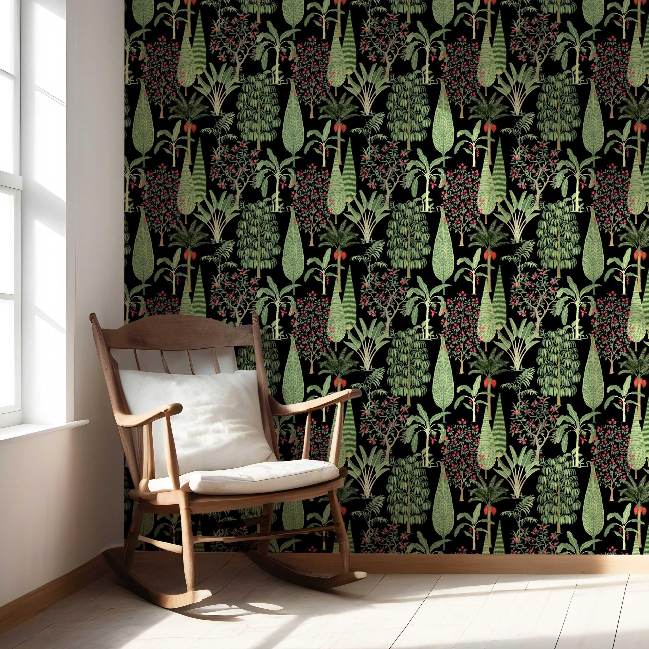 Tropical Floral/ Botanical Nursery Wallpaper Sample (Black/ Green/ Pink/ Red)
