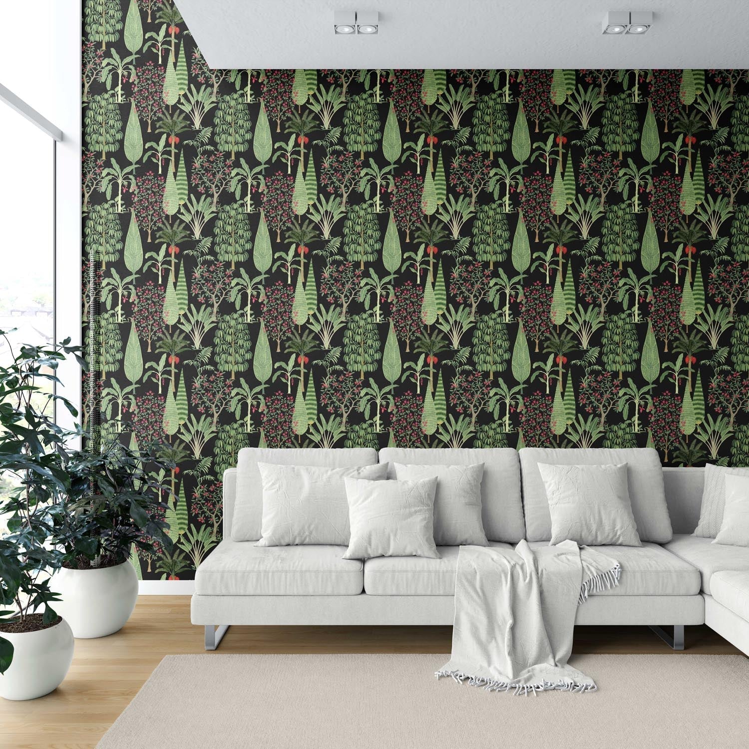 Tropical Floral/ Botanical Shower Toilet Wallpaper (Black/ Green/ Pink/ Red)