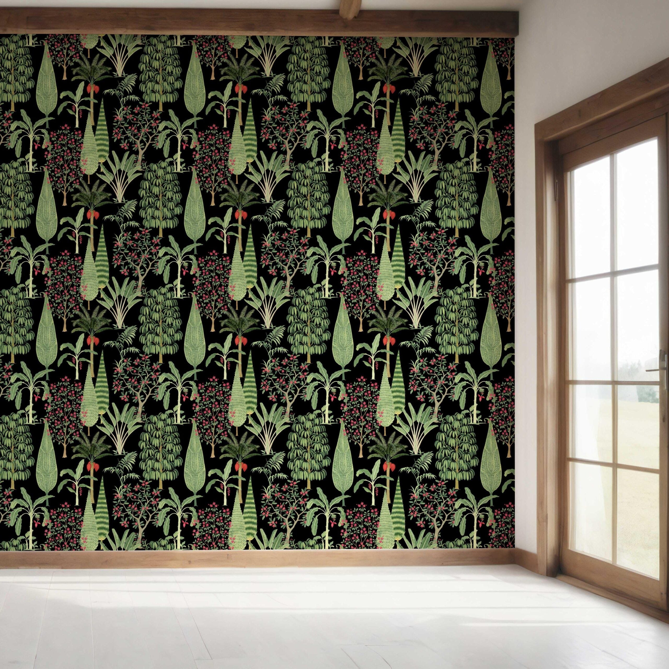 Tropical Floral/ Botanical Bedroom Wallpaper (Black/ Green/ Pink/ Red)