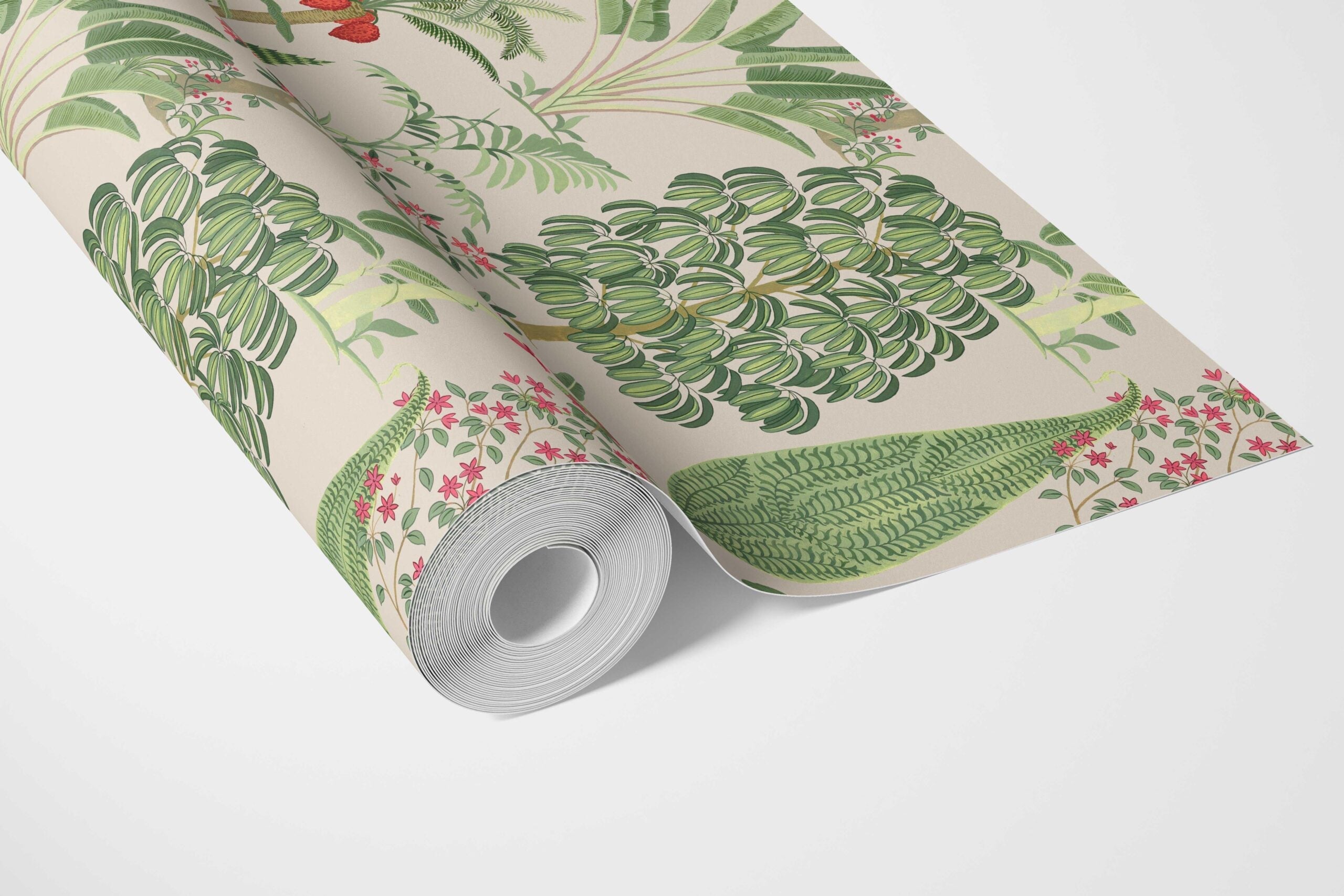 Tropical Floral/ Botanical Bathroom Wallpaper (Beige/ Green/ Pink/ Red)