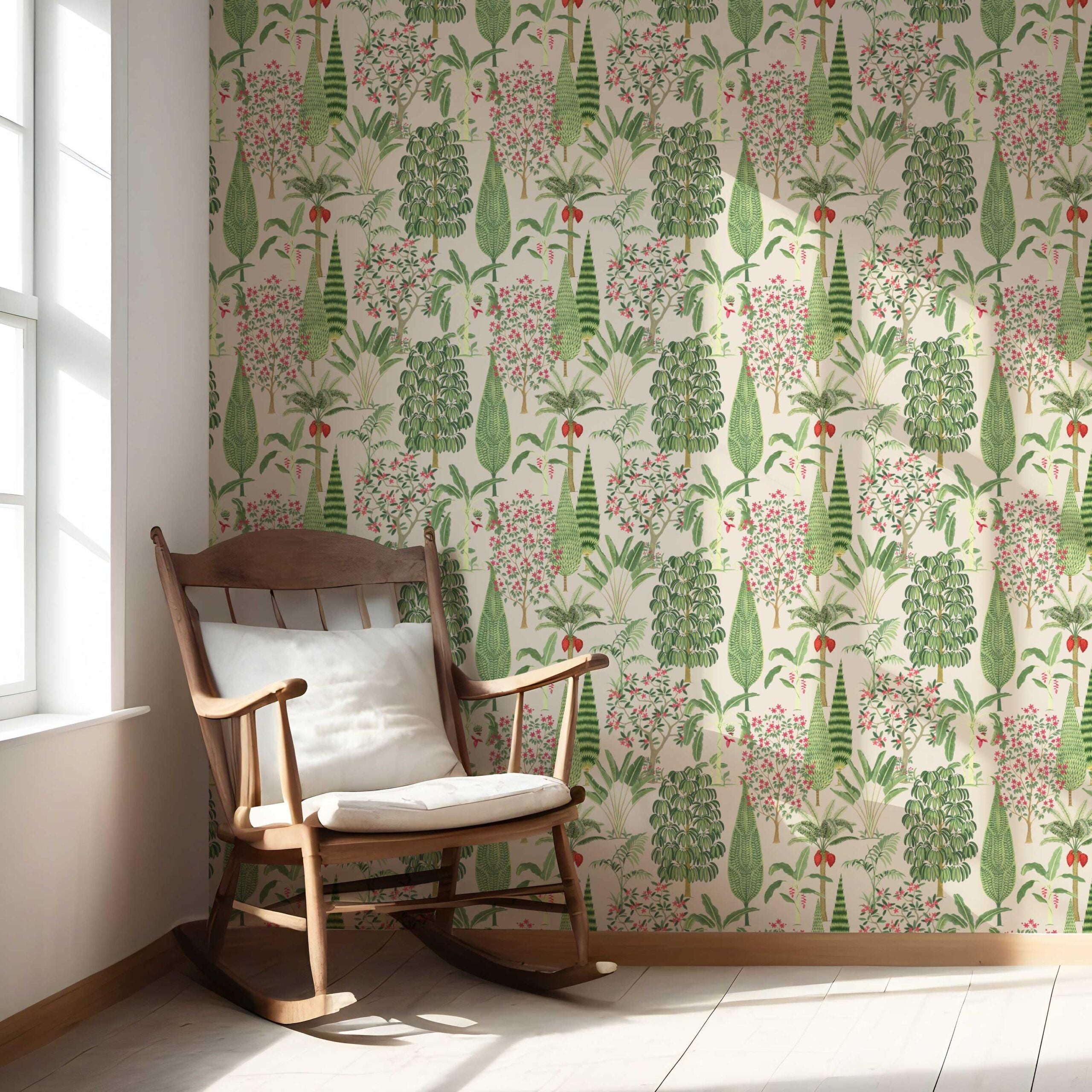 Tropical Floral/ Botanical Nursery Wallpaper (Beige/ Green/ Pink/ Red)