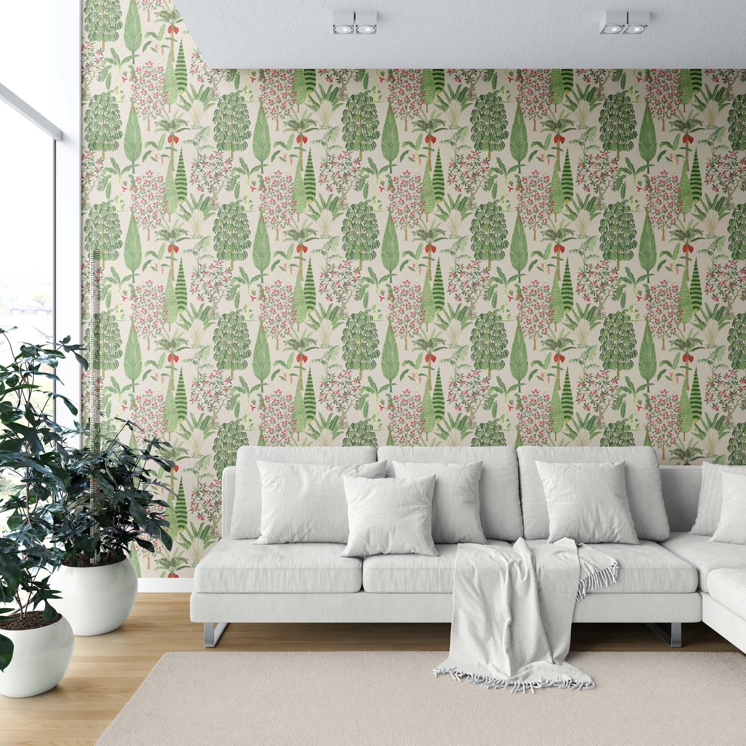 Tropical Floral/ Botanical Shower Toilet Wallpaper Sample (Beige/ Green/ Pink/ Red)