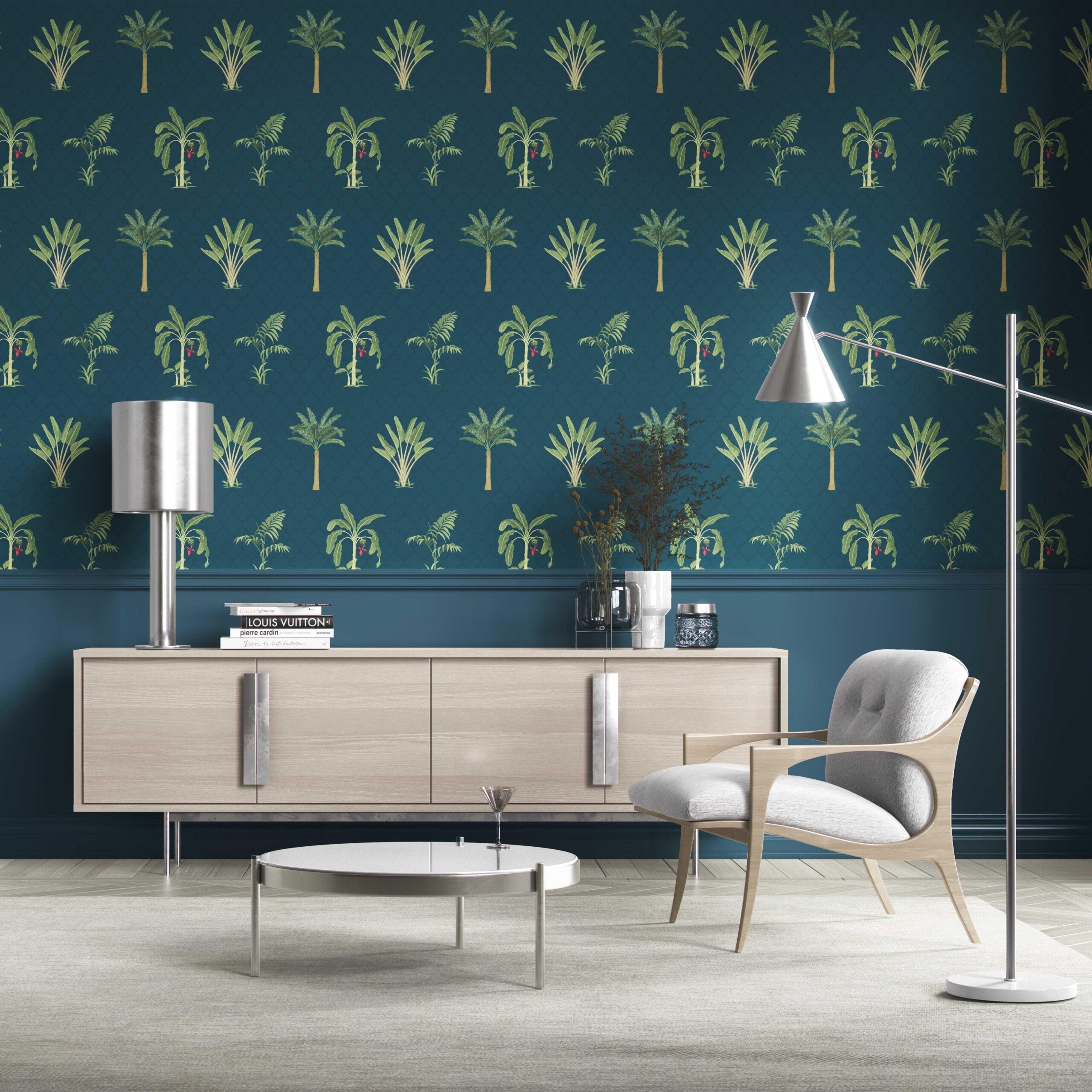 Botanical/ Floral Block Print Traditional Wallpaper Sample (Teal Blue/ Green/ Red)