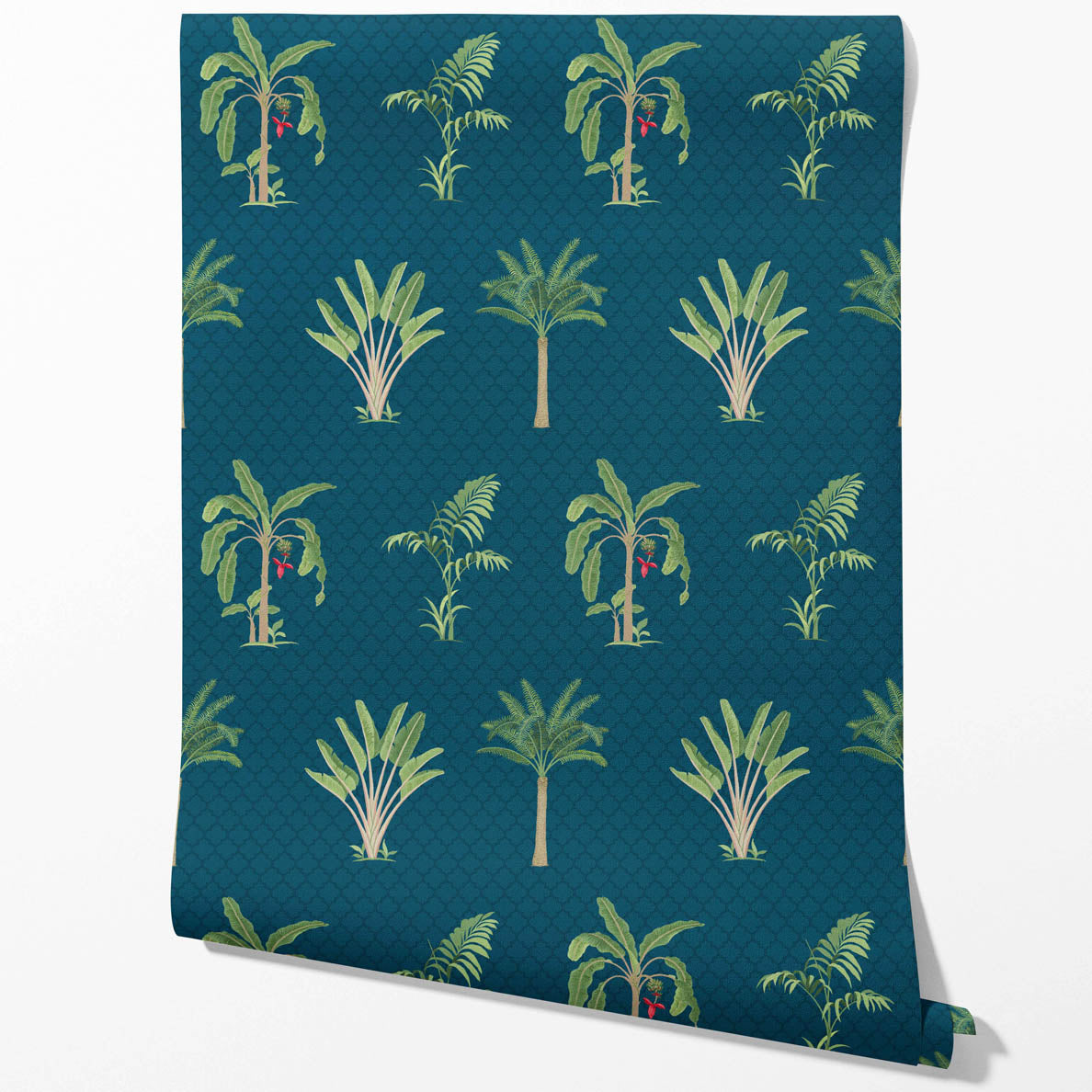 Botanical/ Floral Block Print Kitchen Wallpaper Sample (Teal Blue/ Green/ Red)