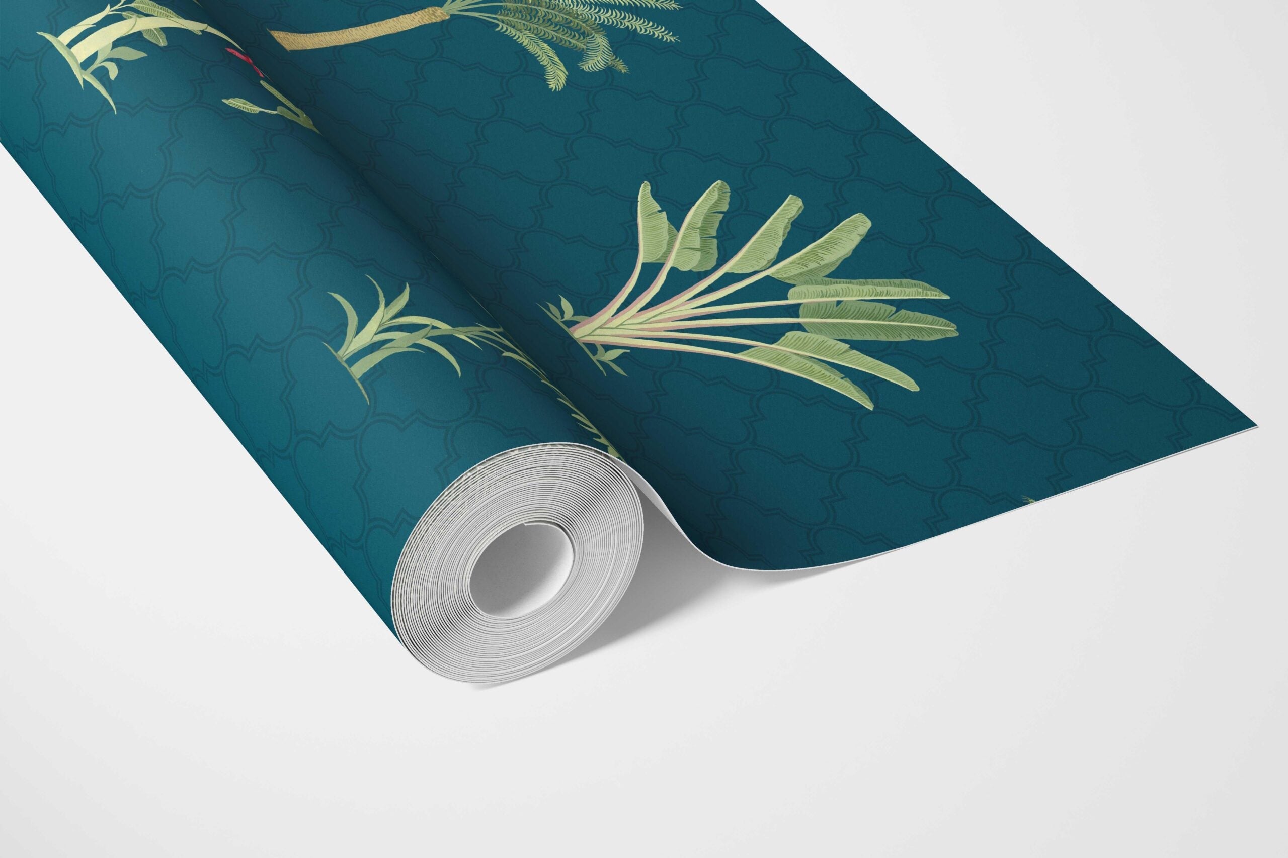 Botanical/ Floral Block Print Bathroom Wallpaper Sample (Teal Blue/ Green/ Red)