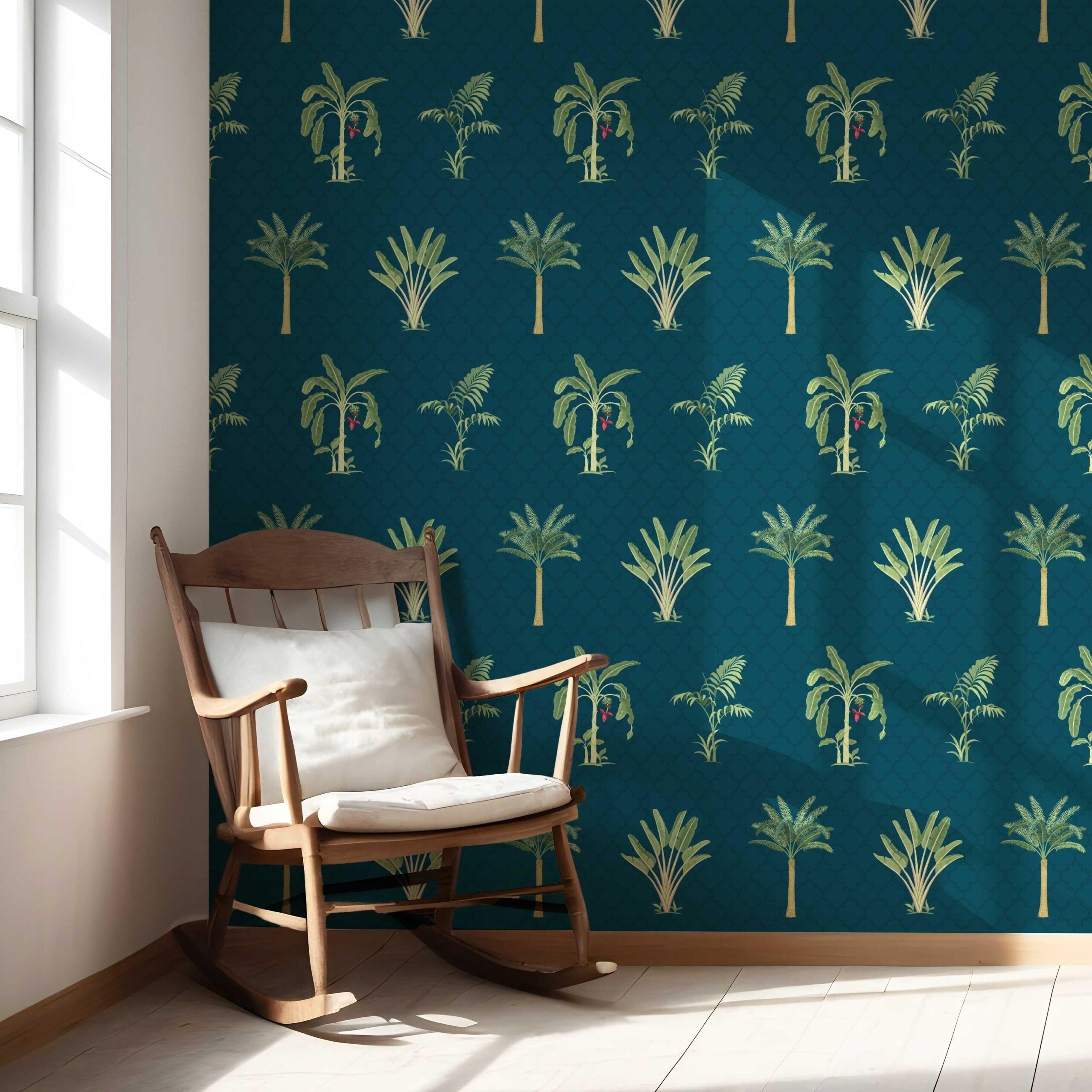 Botanical/ Floral Block Print Nursery Wallpaper (Teal Blue/ Green/ Red)