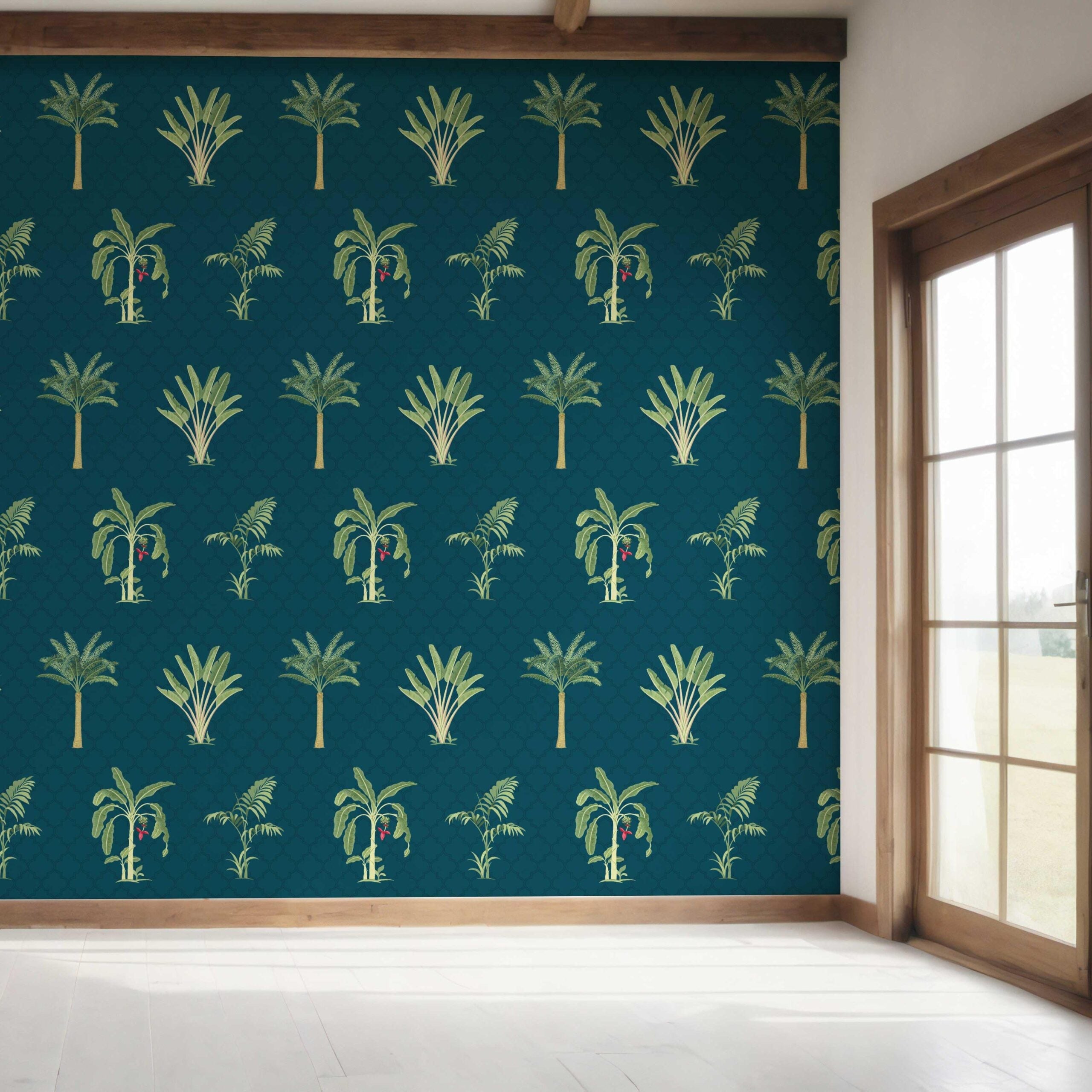 Botanical/ Floral Block Print Bedroom Wallpaper Sample (Teal Blue/ Green/ Red)