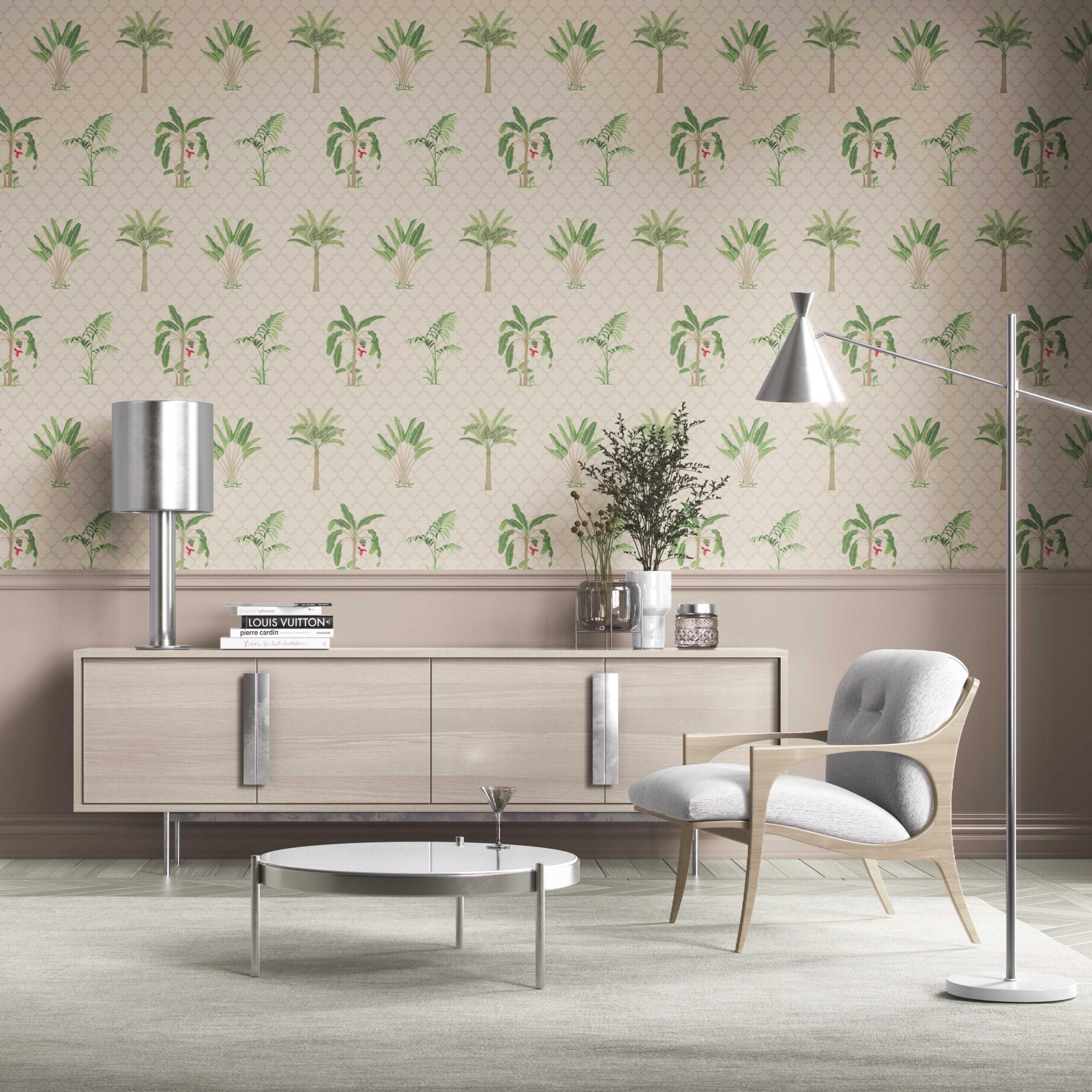 Botanical/ Floral Block Print Traditional Wallpaper Sample (Beige/ Green/ Red/ Soft Taupe)