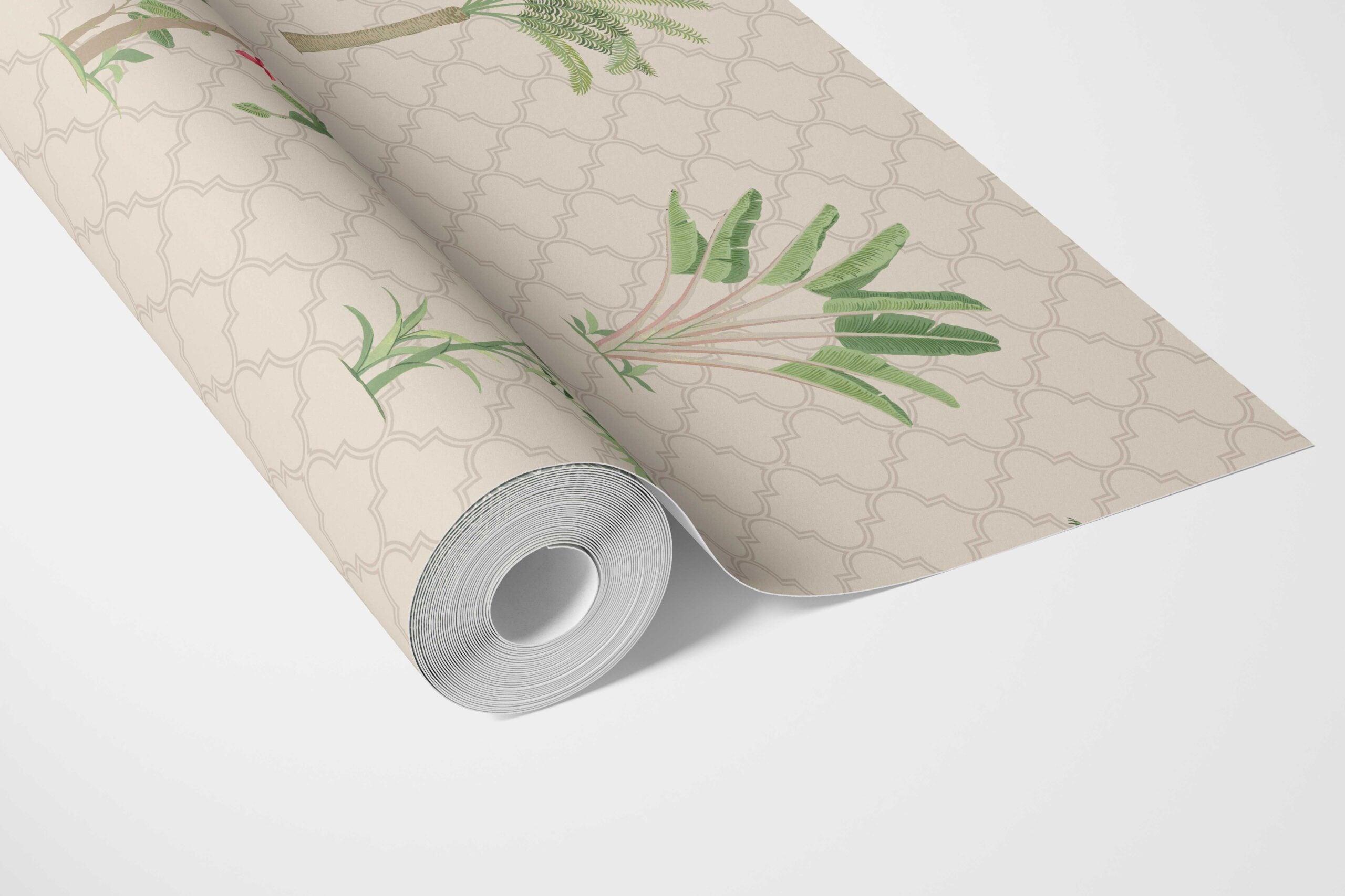 Botanical/ Floral Block Print Bathroom Wallpaper Sample (Beige/ Green/ Red/ Soft Taupe)